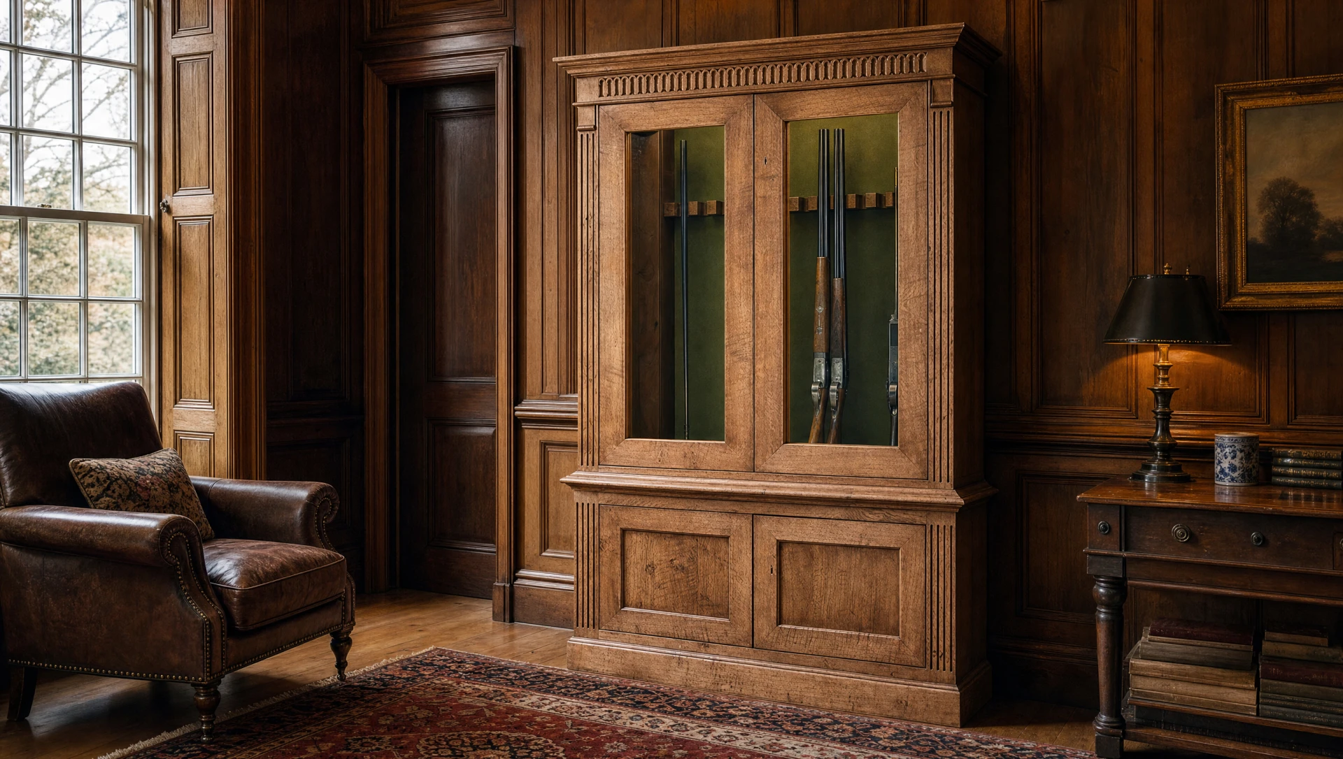 A fitted timber gun cabinet built into a panelled room, made by Sporting Cabinetmakers at the Mickfield workshop