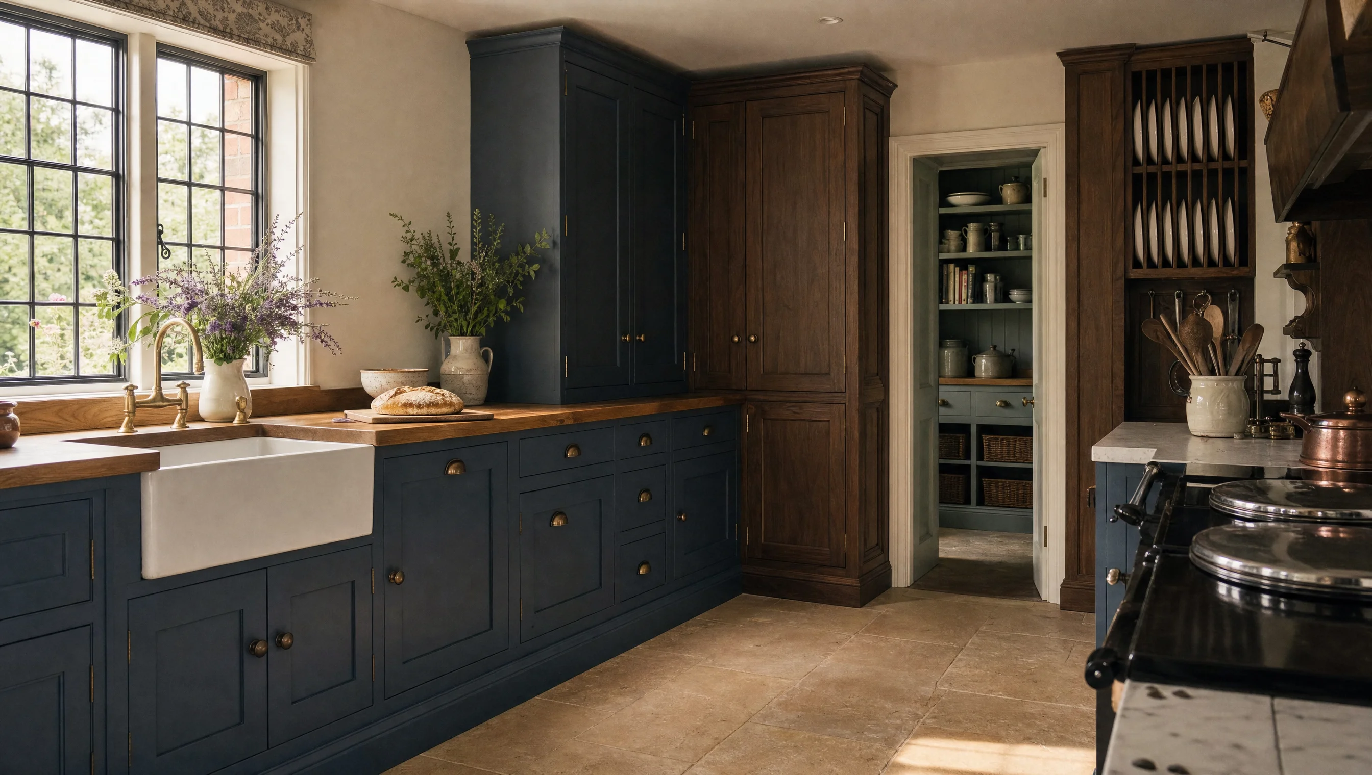 The corner of a blue painted in-frame kitchen, with an oak worktop turning into the larder wall