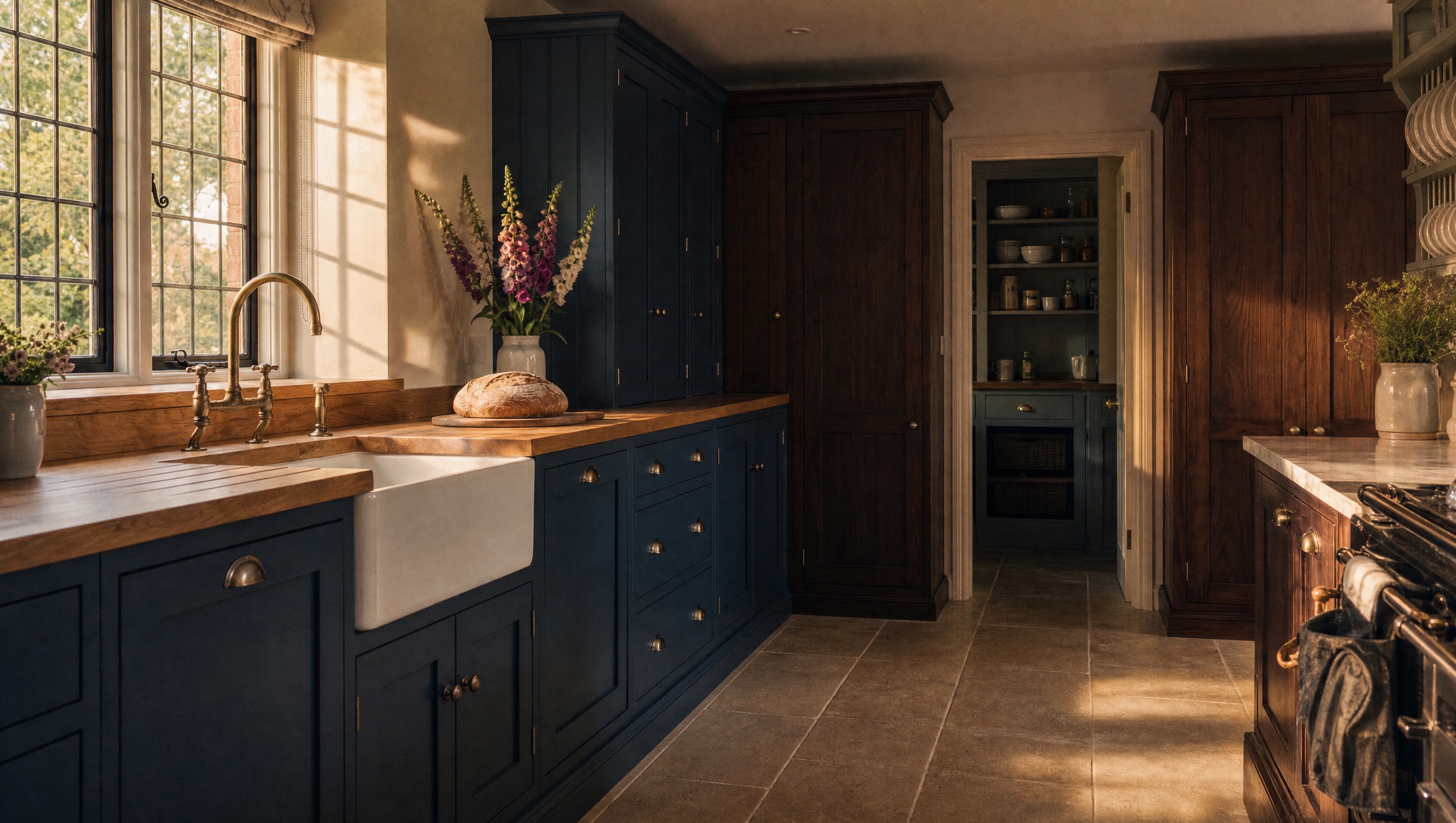 A painted in-frame kitchen under low evening light, with oak worktops.