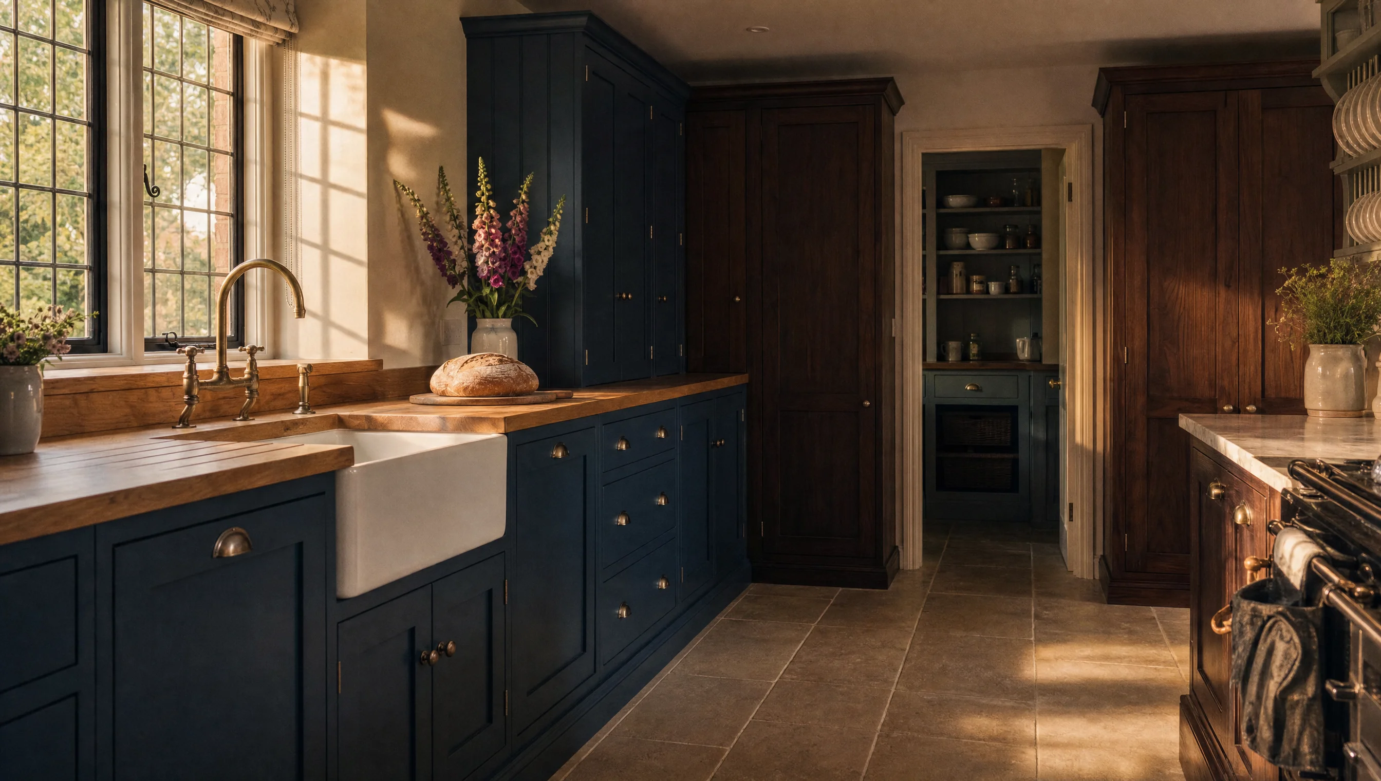A blue painted in-frame Norfolk kitchen under evening light, with oak worktops and a lit hallway beyond