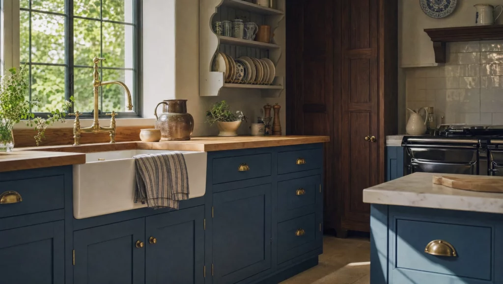 Aged brass cup handles and a fireclay sink in a blue painted in-frame run beneath a leaded window