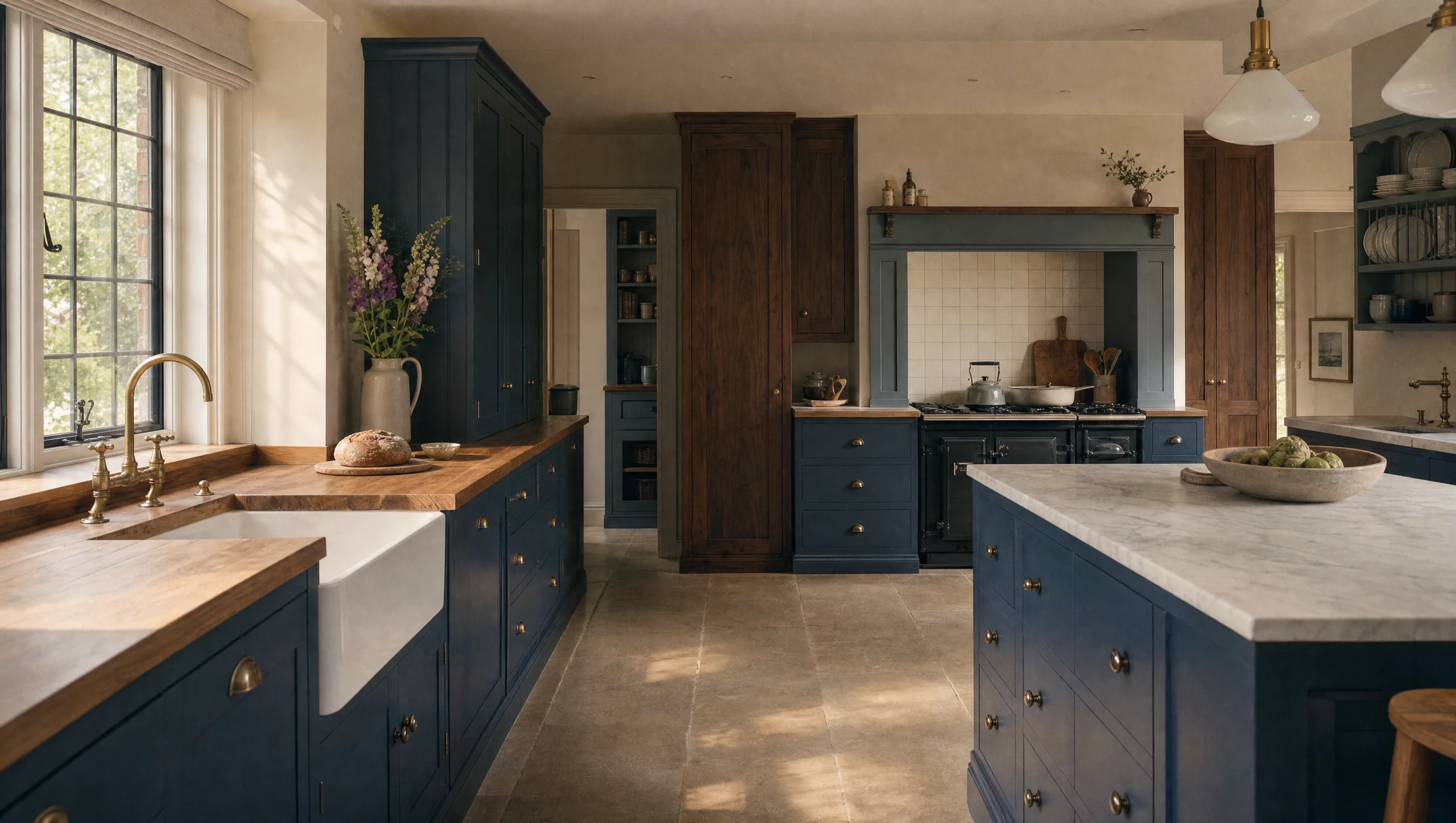 The Norfolk — deep blue painted in-frame cabinetry against unpainted oak, with an oiled oak worktop and a stone island