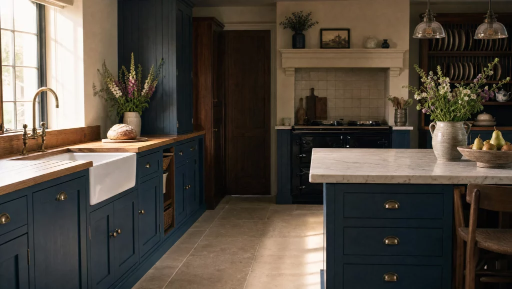 A blue painted island with a marble top and brass cup handles, under a window in a Norfolk kitchen