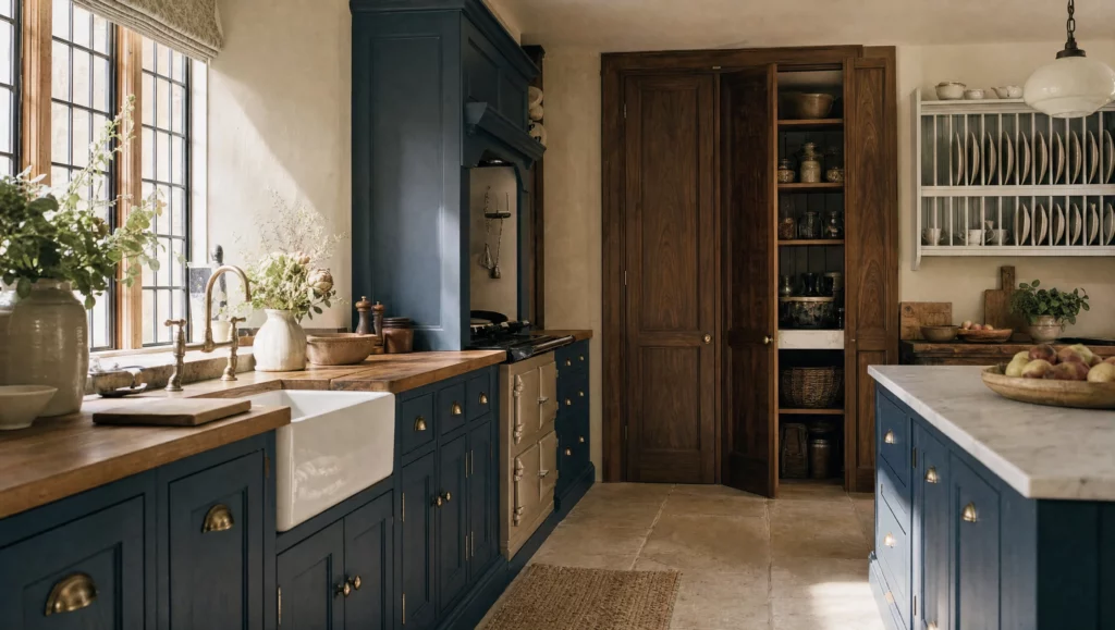 An oak larder cupboard standing open beside blue painted in-frame cabinetry in a Norfolk kitchen