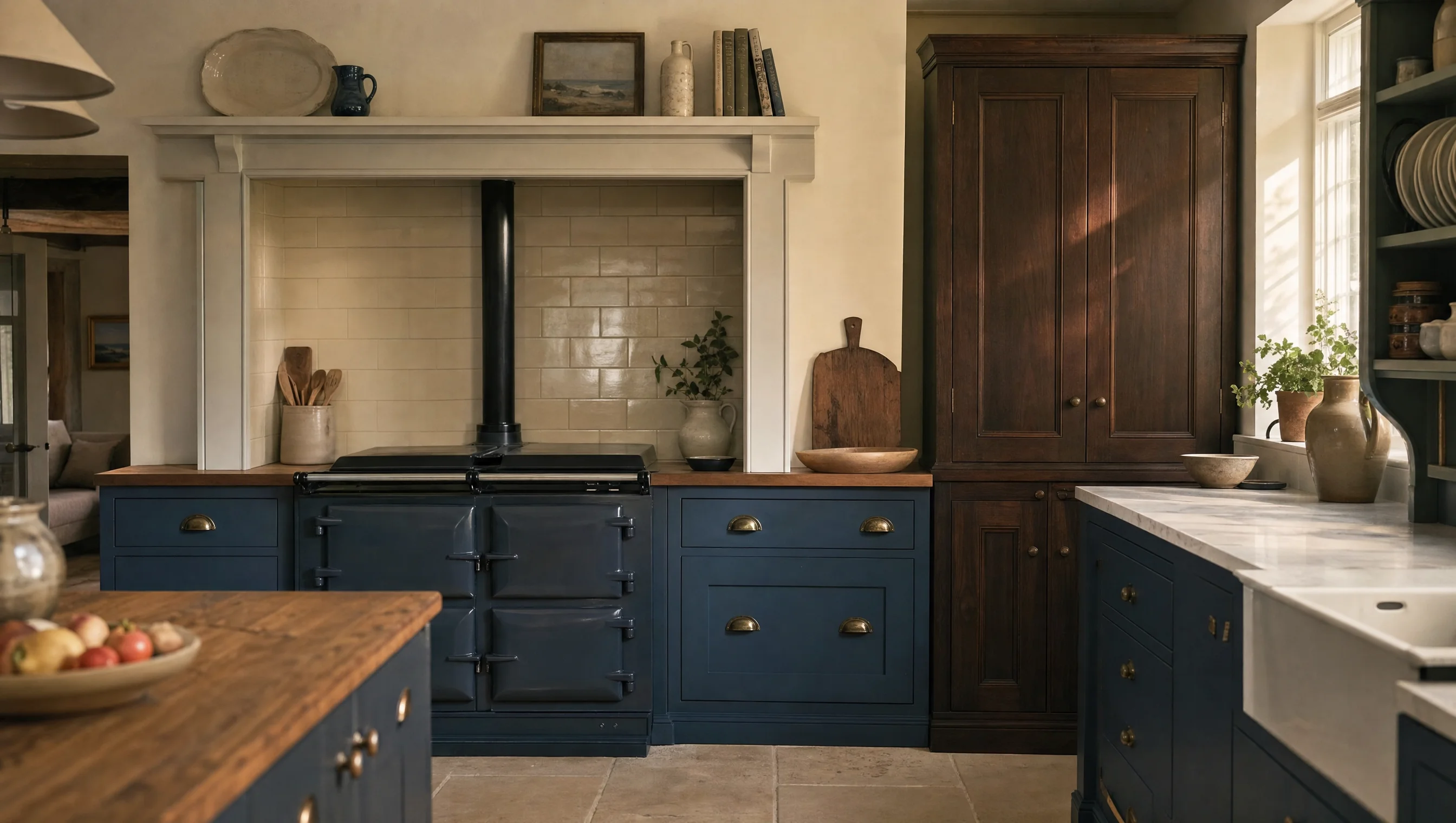 A range set into a painted mantel with a plate shelf over, flanked by blue in-frame cabinets and an oak larder