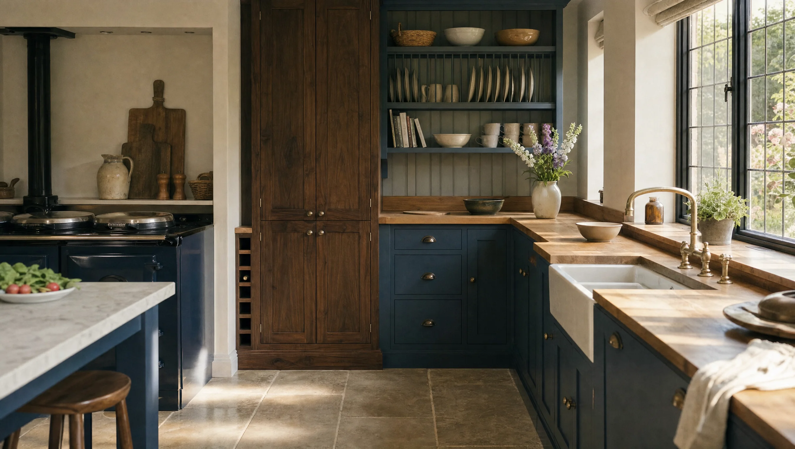 Open shelving and a marble worktop beside a leaded window in a blue painted Norfolk kitchen
