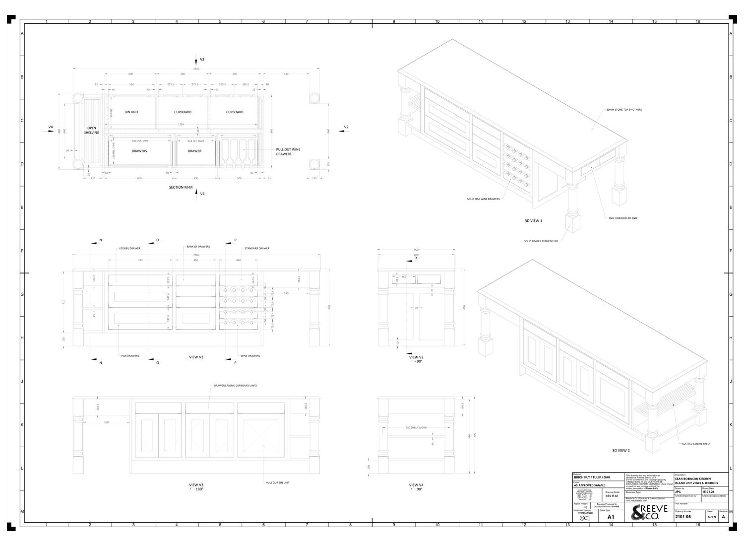 A drawing sheet for a freestanding island, with a curved end set out