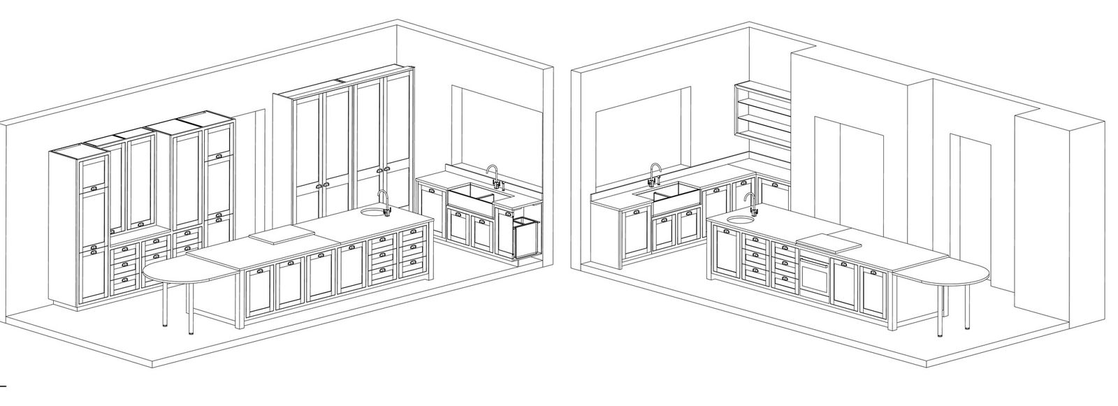 The same kitchen drawn as two isometrics, seen from either end