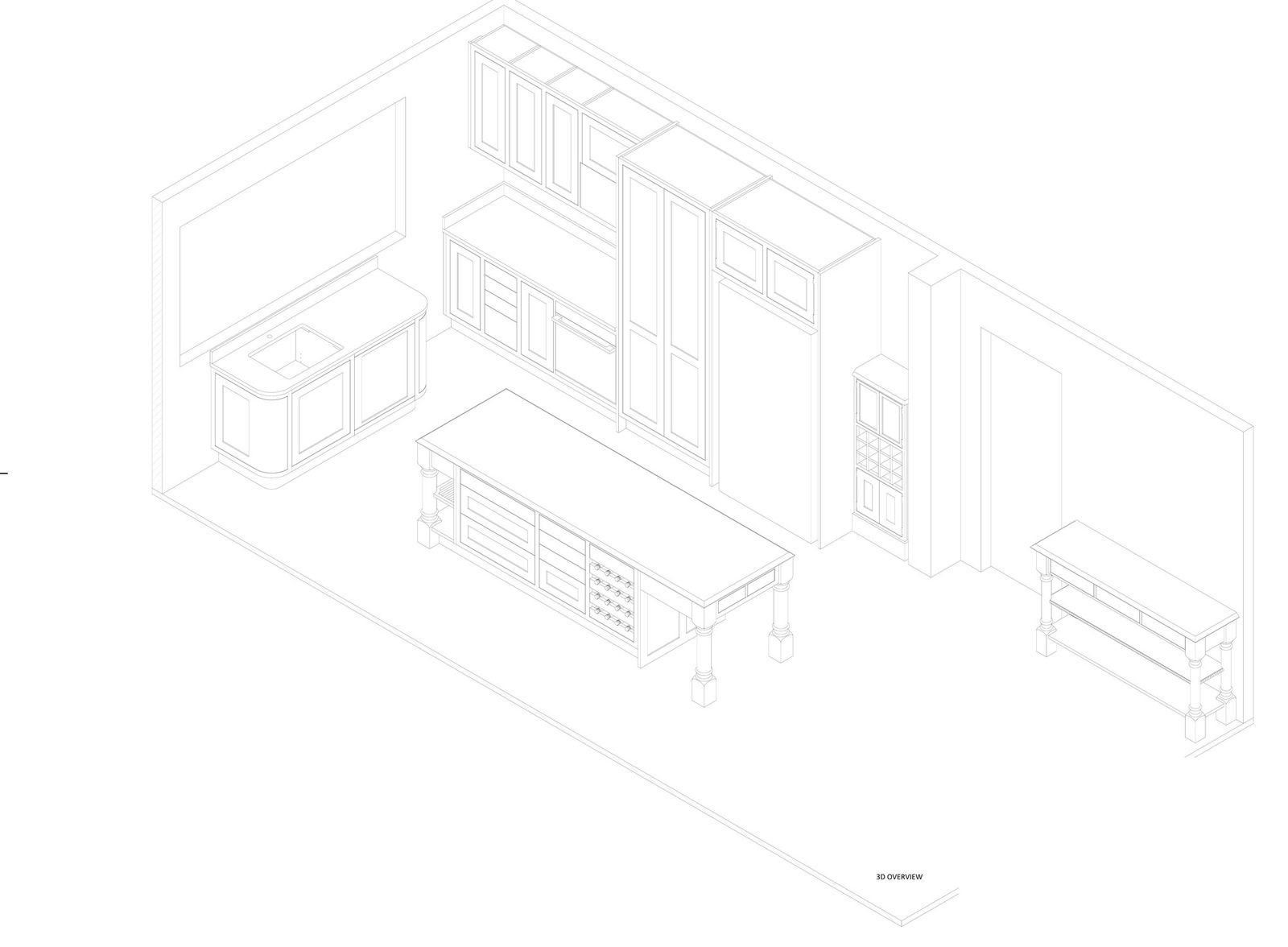 A three-dimensional kitchen design drawing showing cabinet and island layout