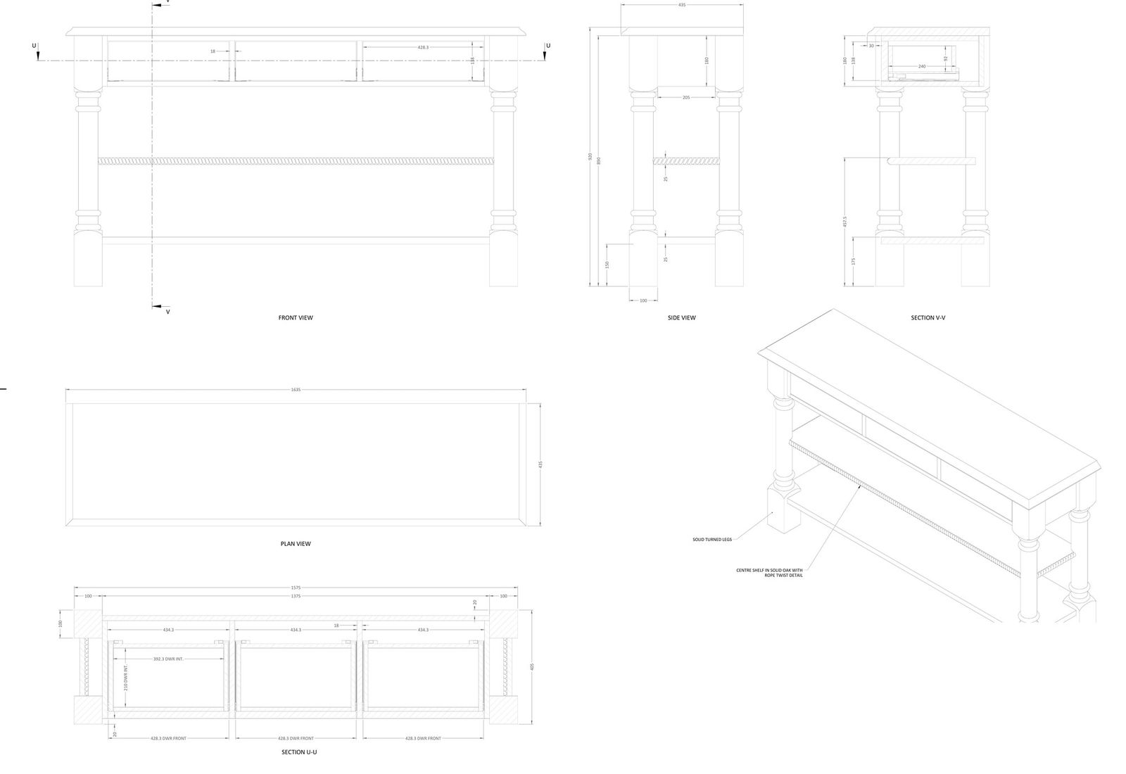 A table drawn out in full — front, side, plan and section