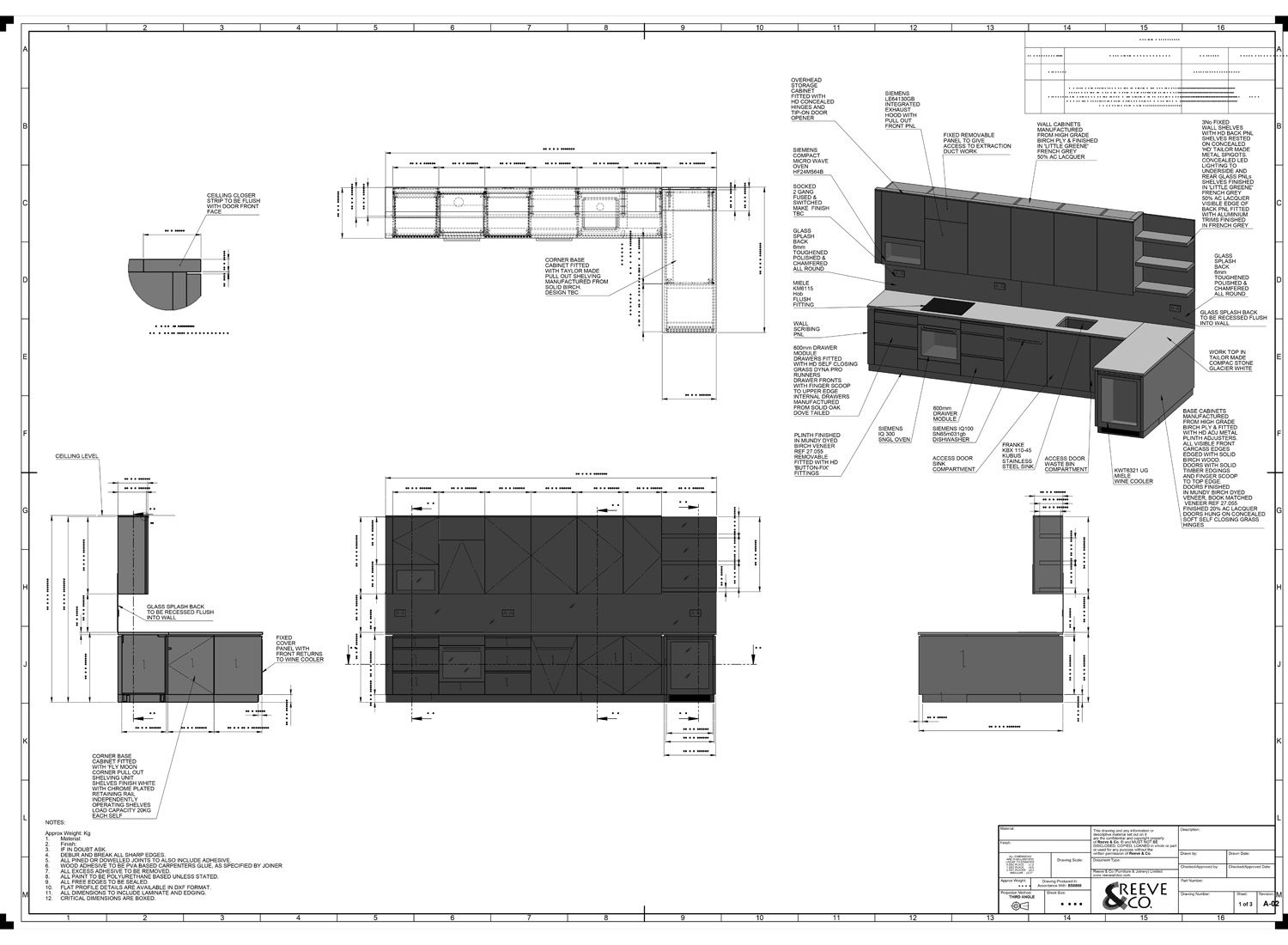 A kitchen drawing sheet — plan and elevations, dimensioned