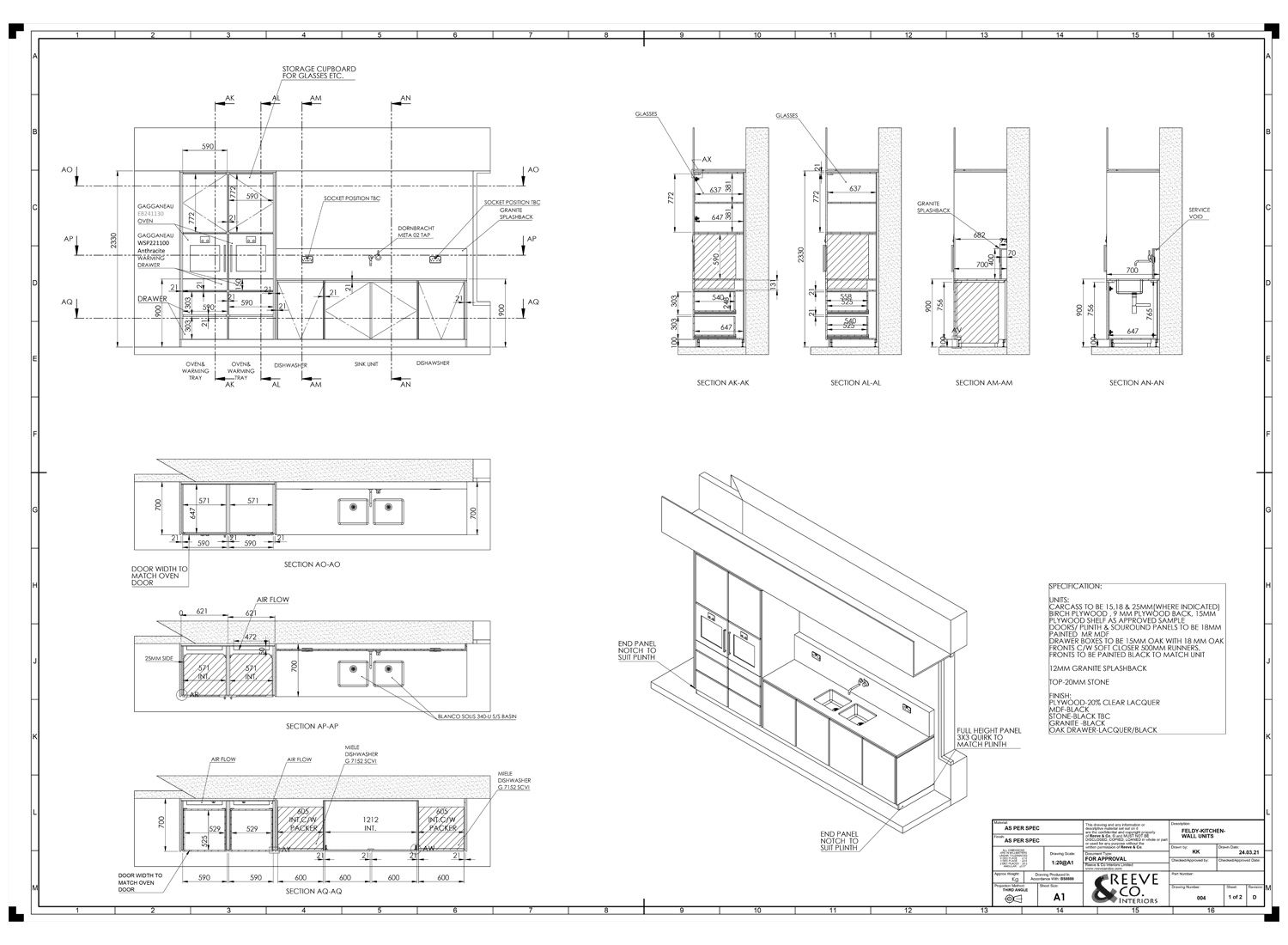 Kitchen elevations drawn at 1:20 before manufacture, showing door graduation and reveals