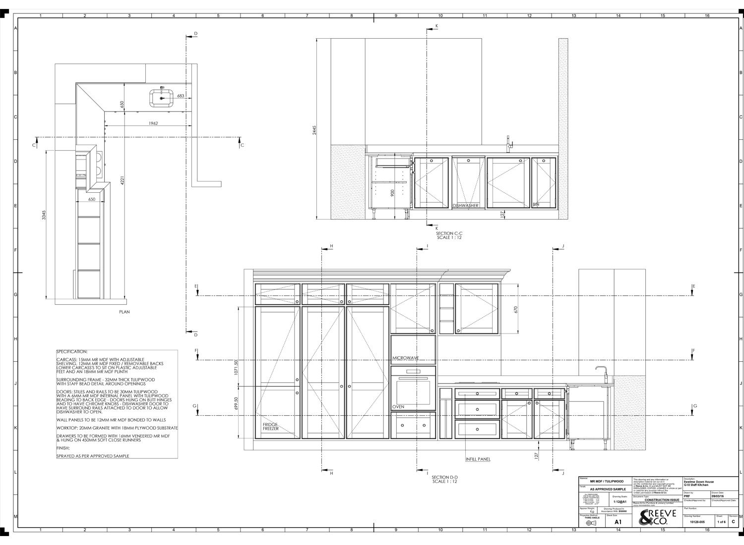 A hand-drawn design drawing for a bespoke Shaker kitchen, set out before anything is machined