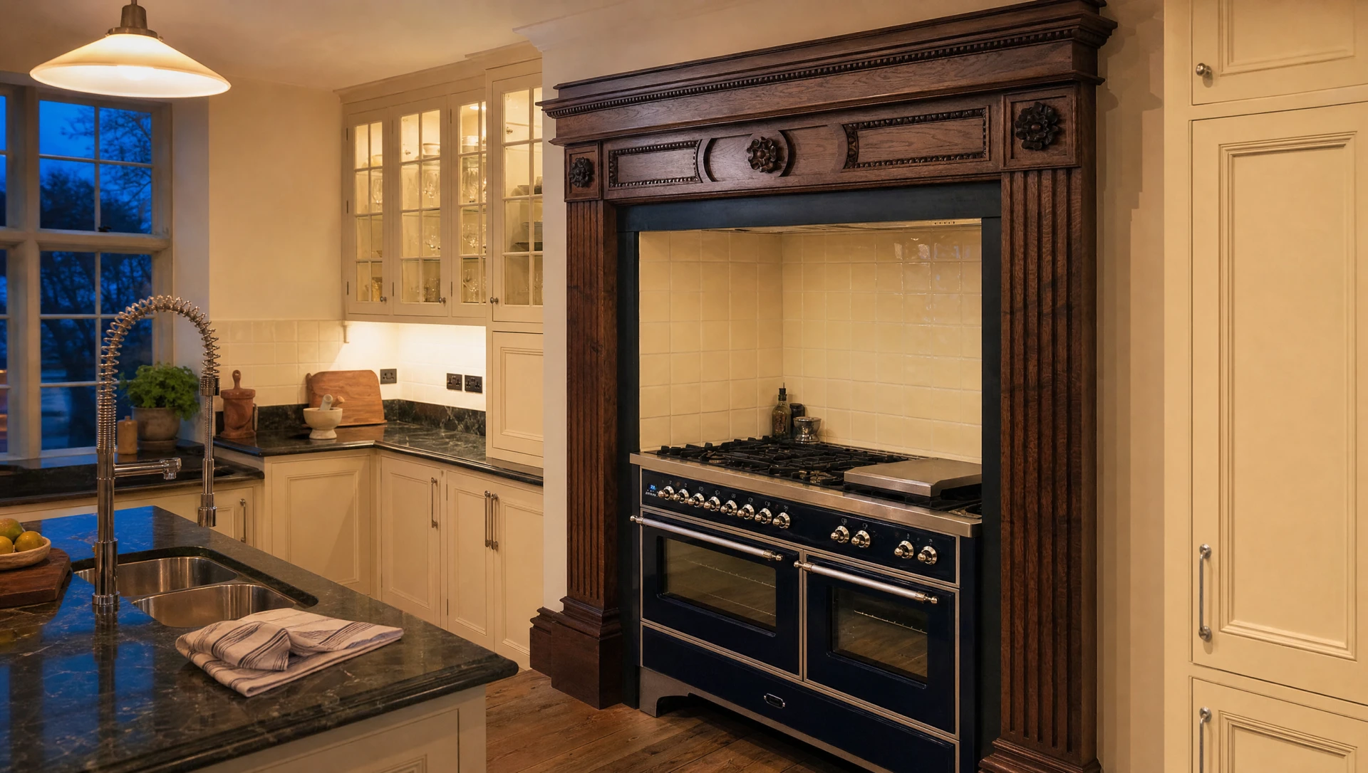 A moulded in-frame country house kitchen with a carved chimneypiece, Square & True