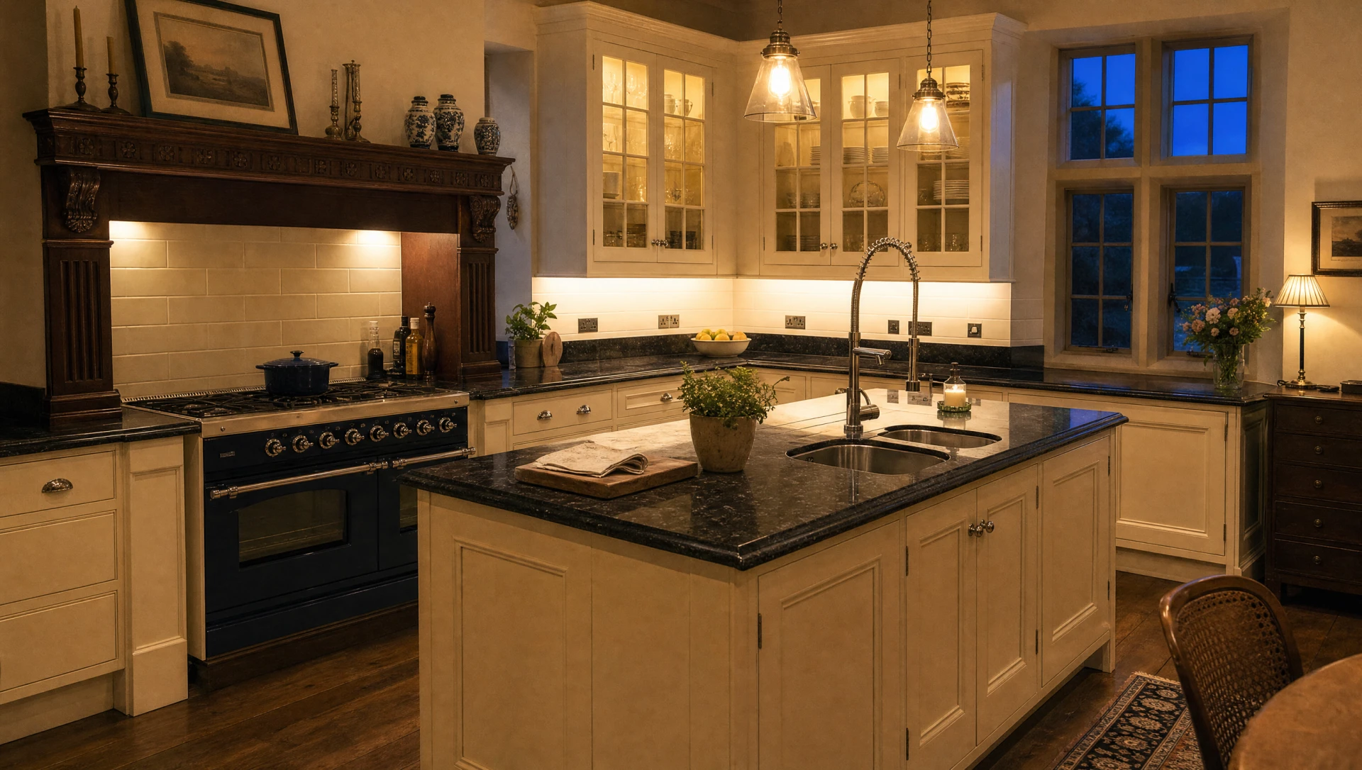 A moulded in-frame kitchen fitted into a period house, seen under evening light, Square & True