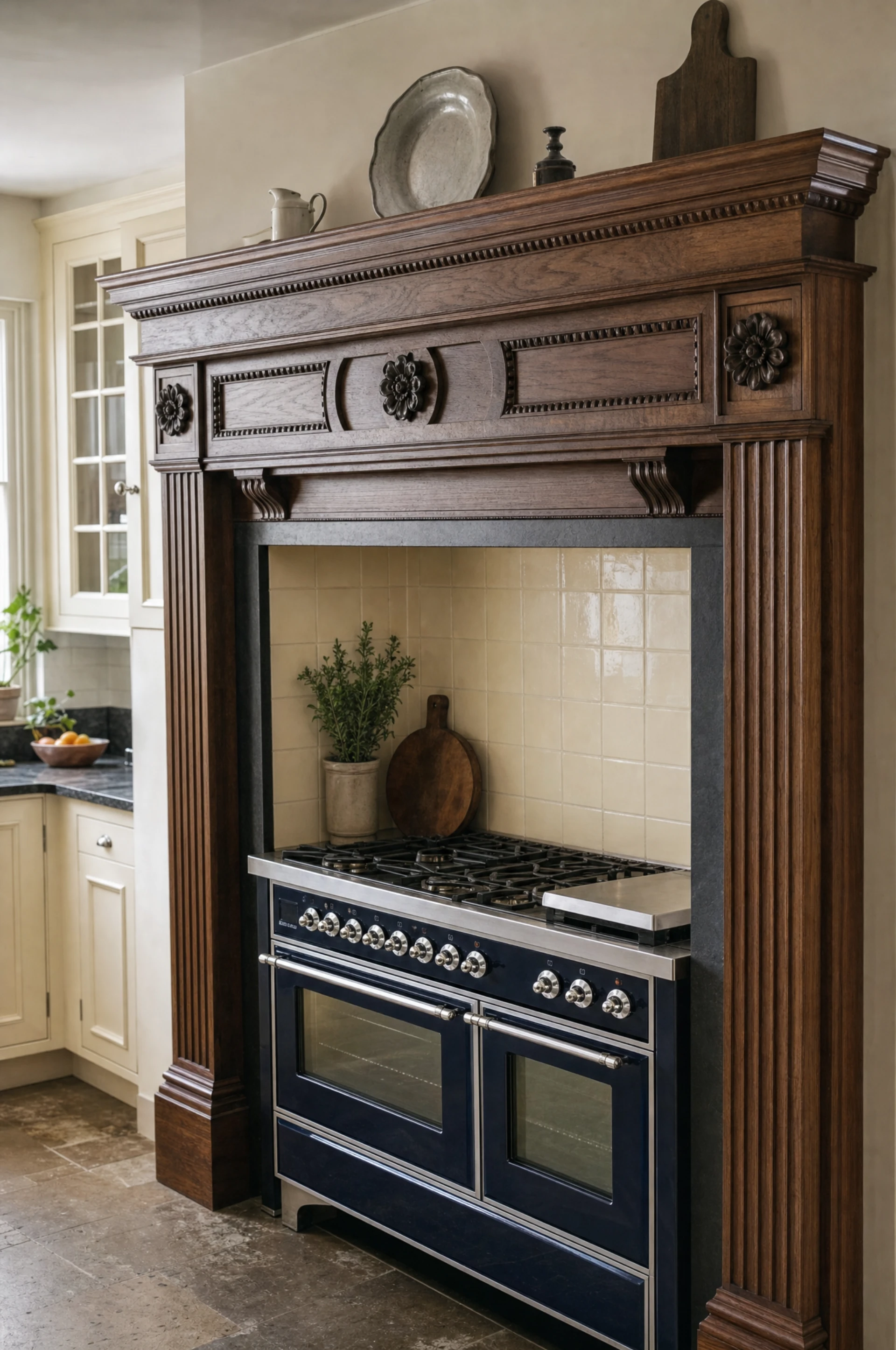 A hand-carved chimneypiece and overmantel around the range, The Essex range by Square & True