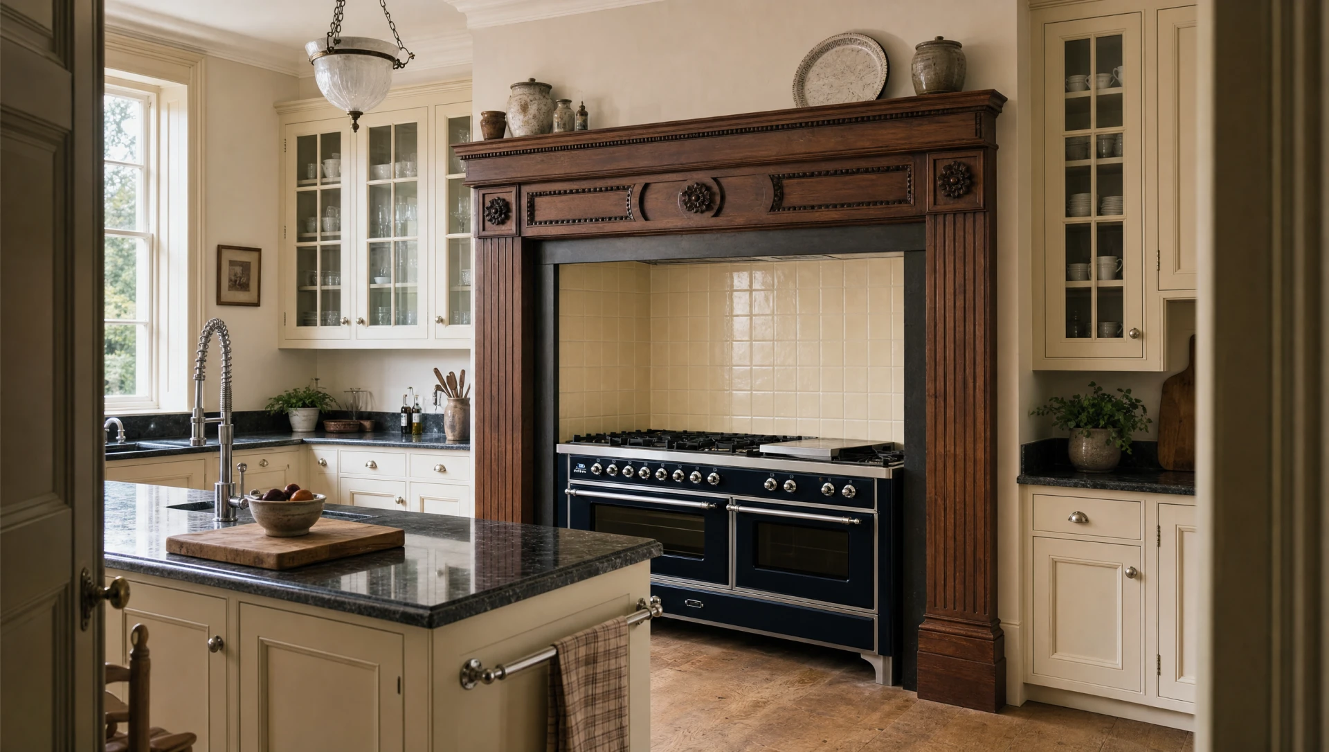 The Essex — moulded in-frame kitchen with a hand-carved chimneypiece over the range, Square & True