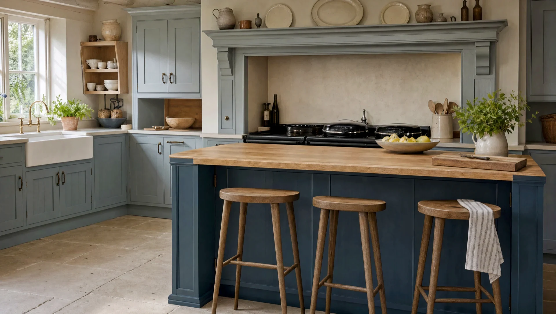 A painted island with a timber breakfast bar, The Farmhouse range by Square & True