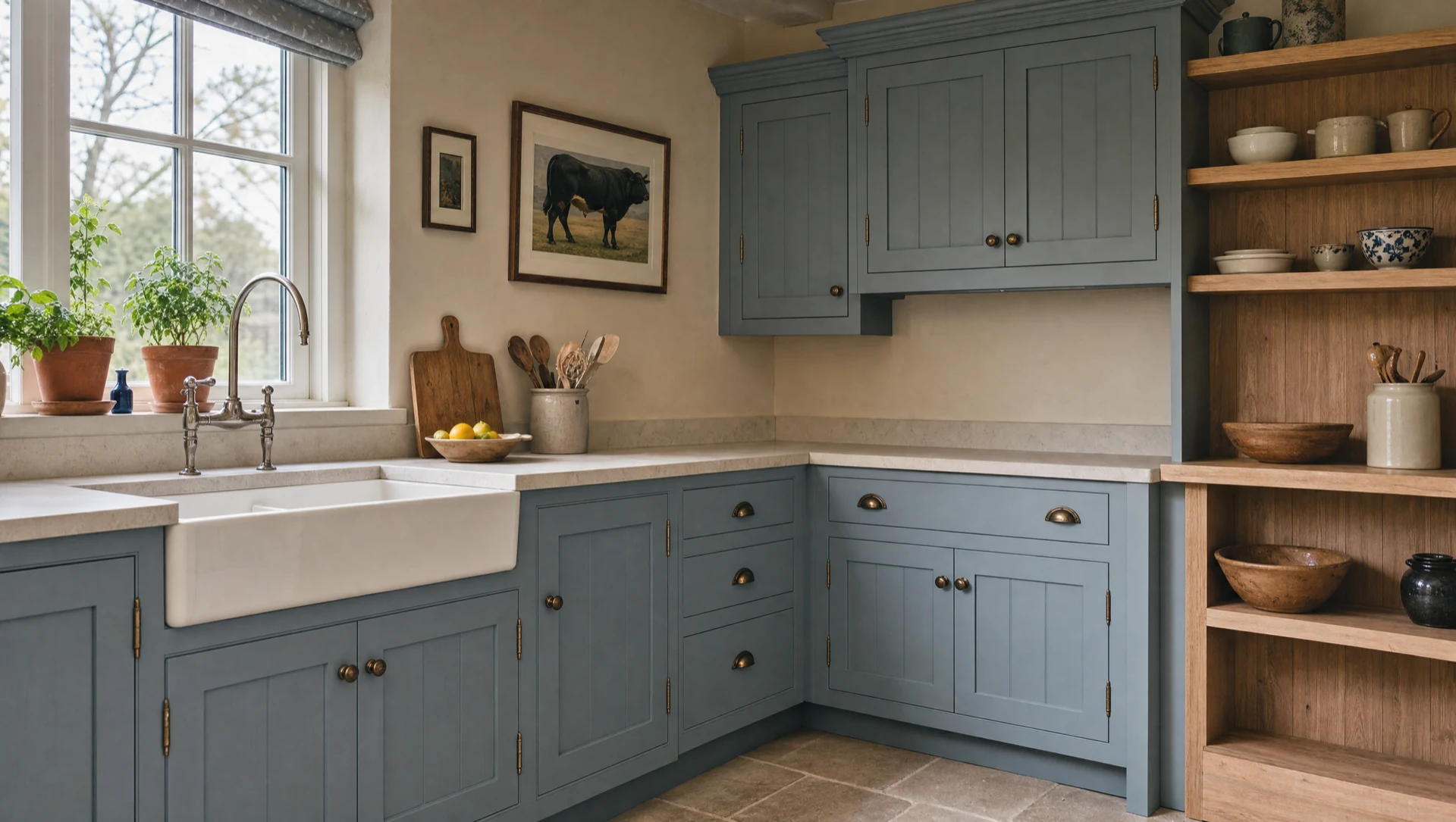 Open shelving to a corner of a painted farmhouse kitchen, The Farmhouse range by Square & True