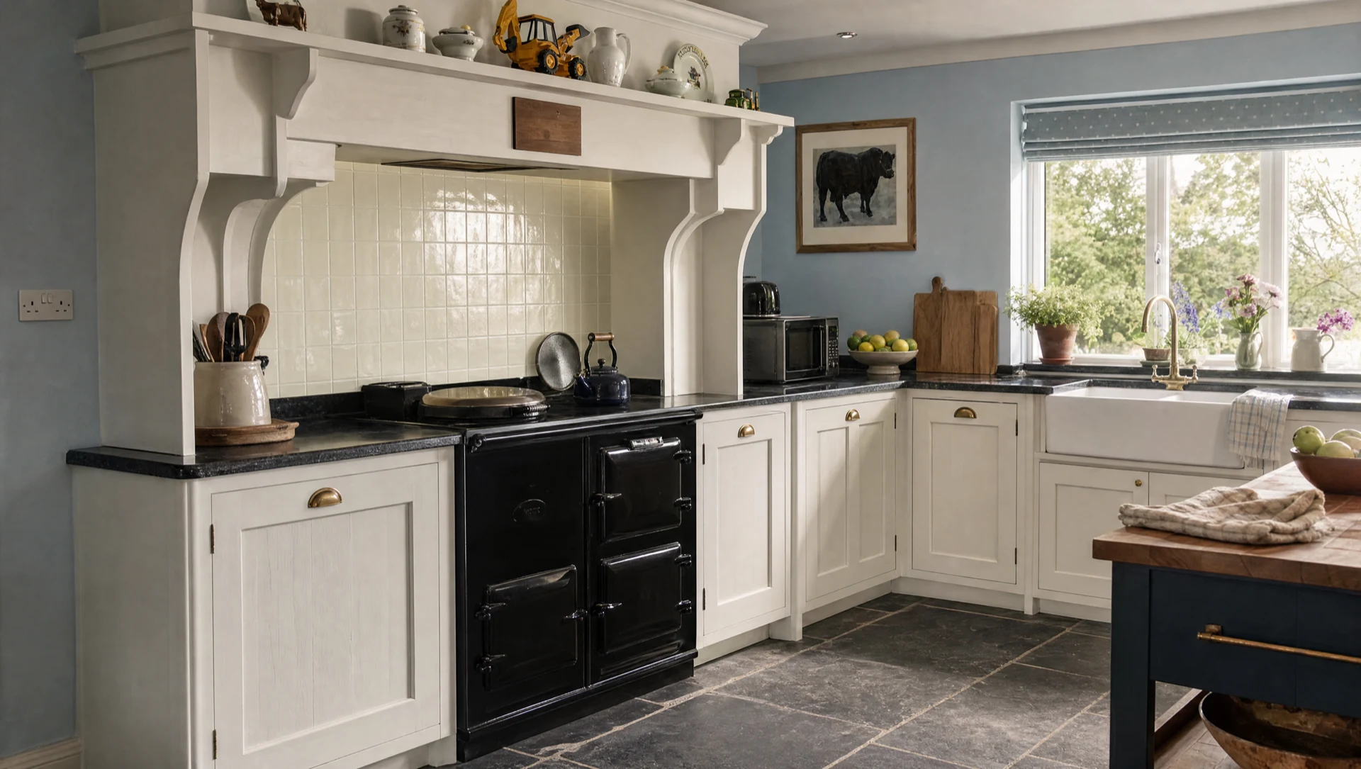 The painted range mantel seen obliquely, with cup handles and turned knobs, Square & True