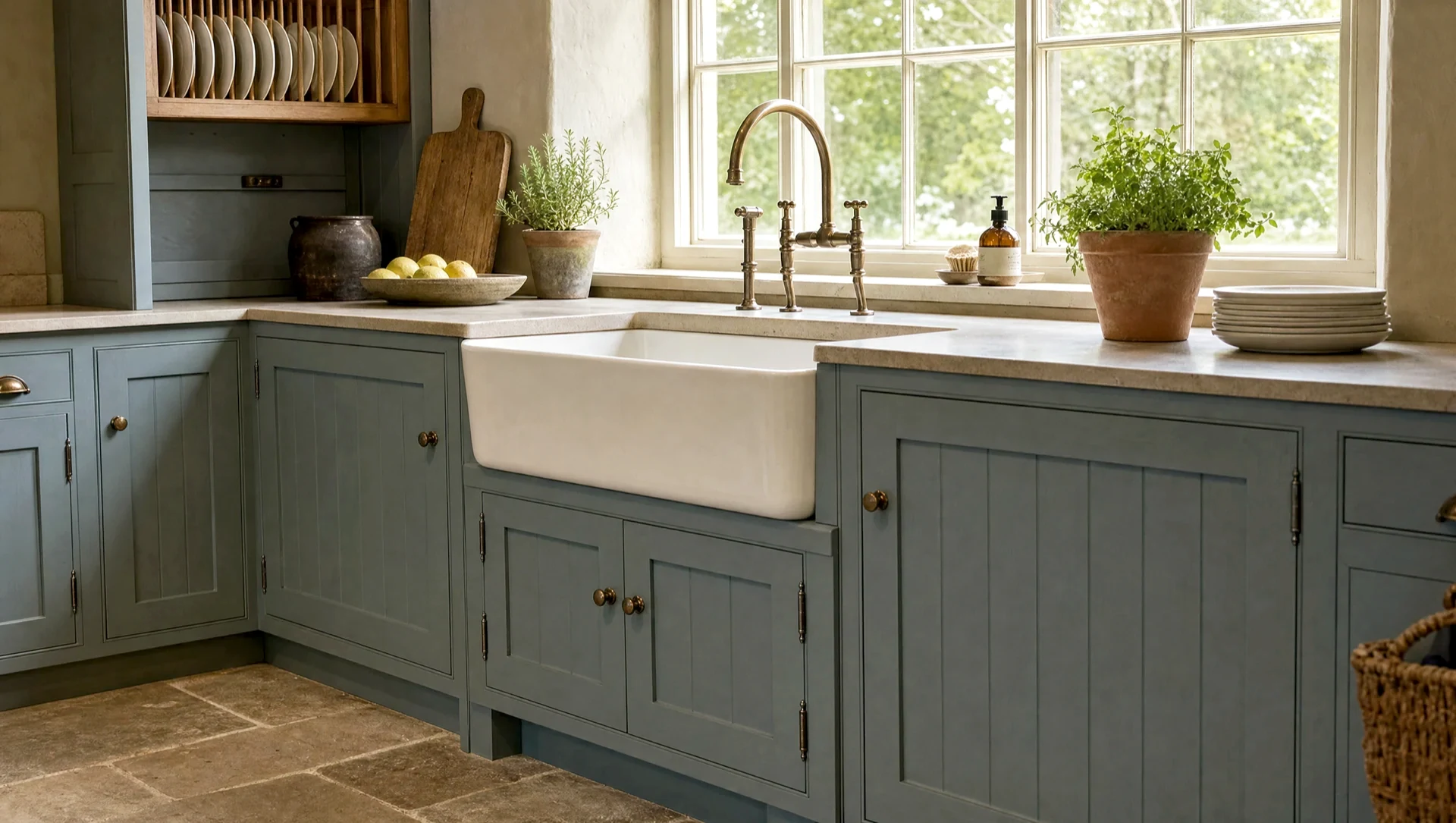 A fireclay butler sink under a window in a painted in-frame run, the working end of a kitchen