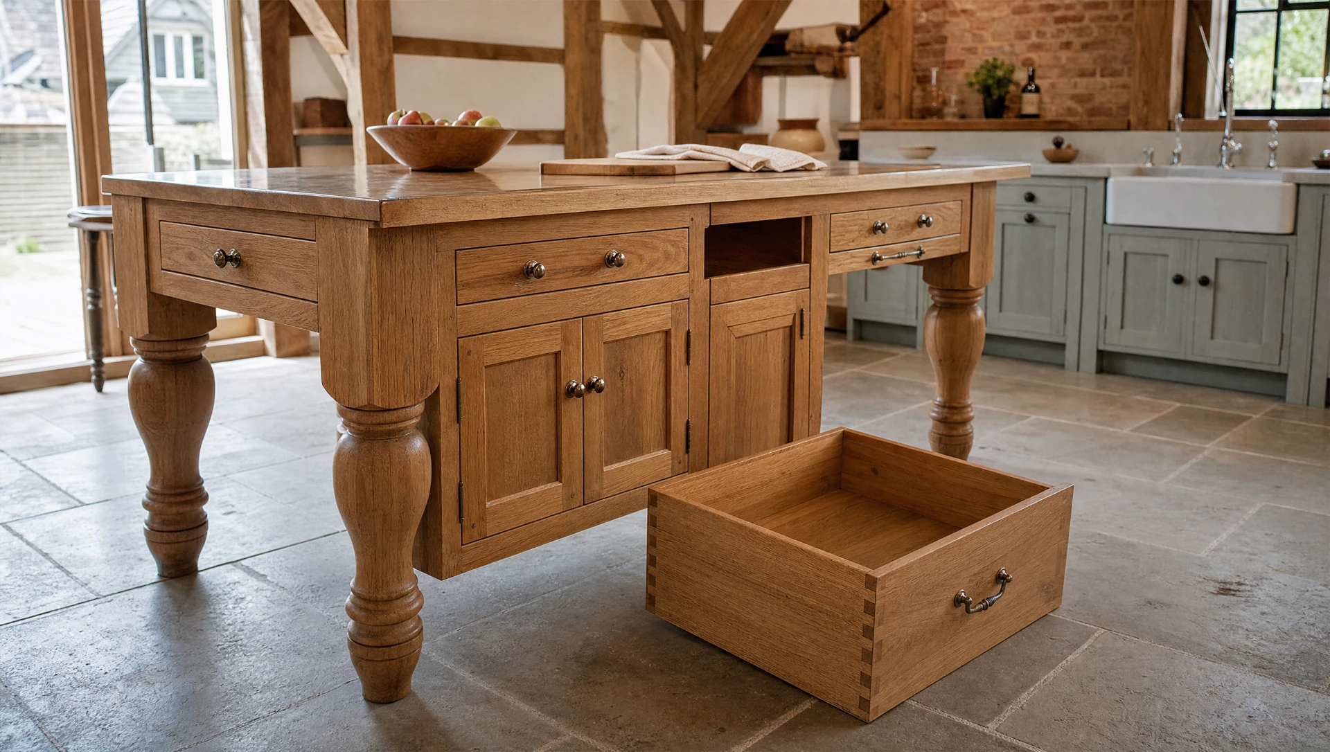 A fitted drawer in the island, open, with solid oak cutlery dividers, Square & True