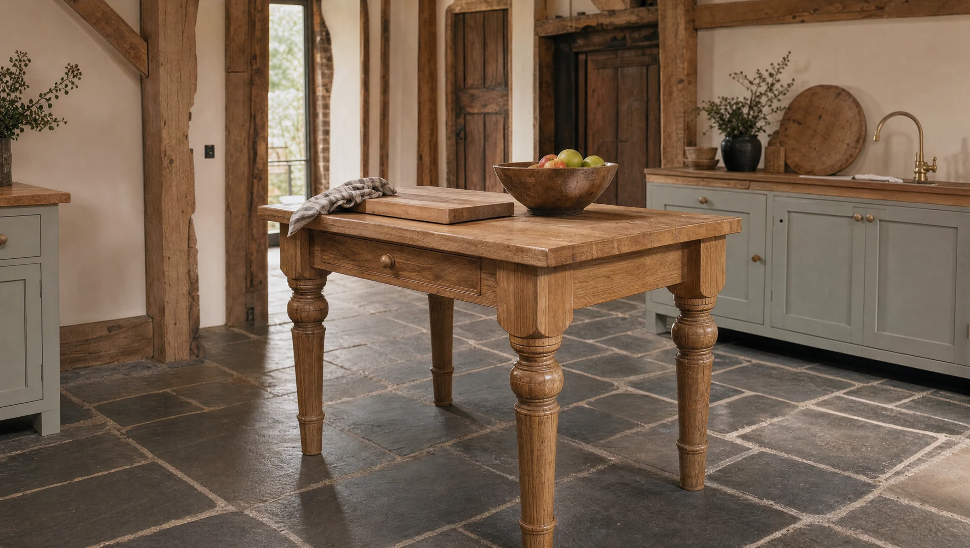 A freestanding oak prep table standing clear of the wall, Modular & Freestanding by Square & True