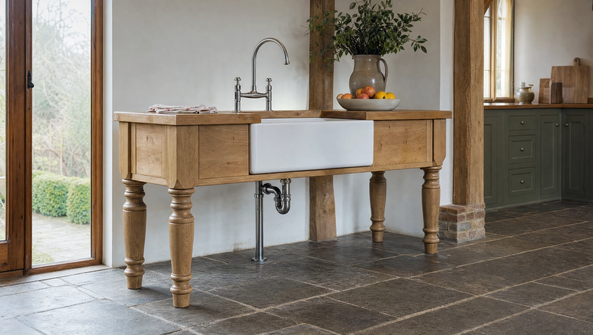 A freestanding oak sink stand with a fireclay sink, Modular & Freestanding by Square & True