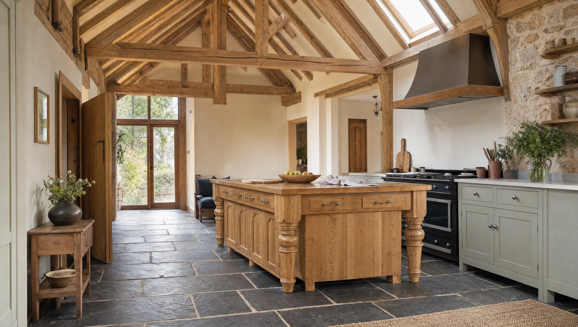An oak island on turned legs against a black range cooker, on a slate floor — the Modular & Freestanding kitchen in Essex