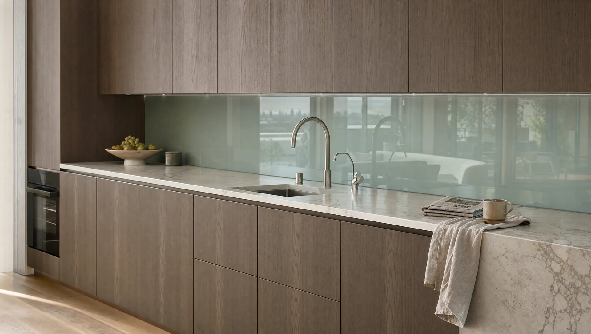A sprayed handleless run with a glass splashback, The Kensington range by Square & True