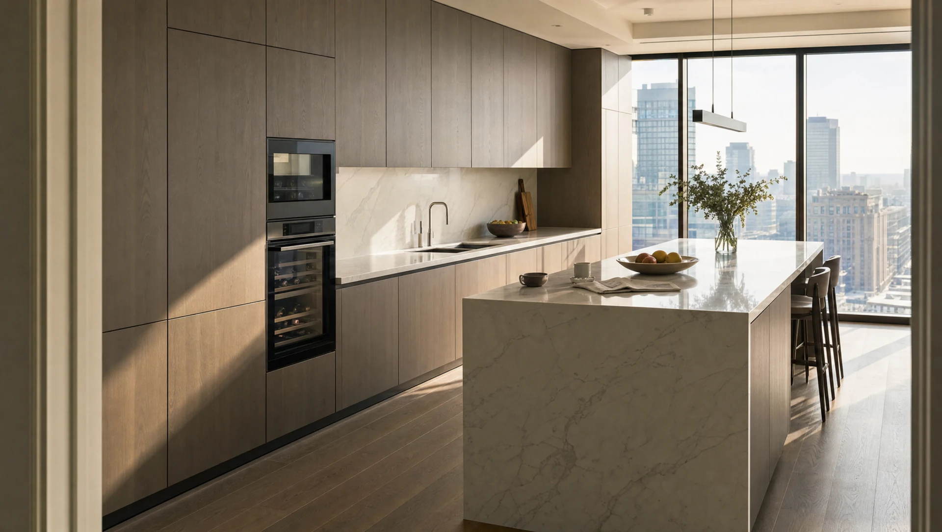 The Kensington — handleless grey-stained oak and a veined marble island, in a city apartment with full-height glazing