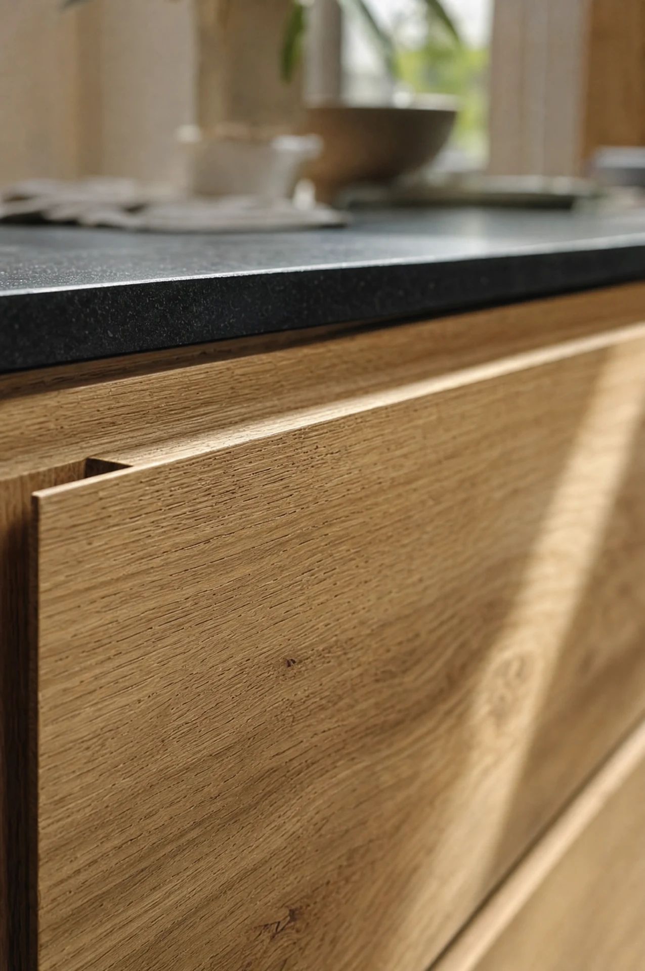 Detail of a handleless finger-jointed solid oak front, The Scandi range by Square & True