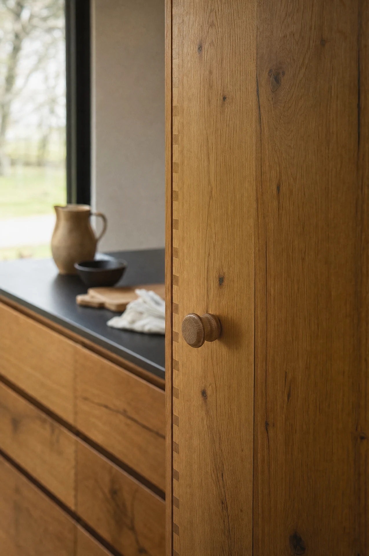 A turned oak knob on a character oak larder door, The Scandi range by Square & True