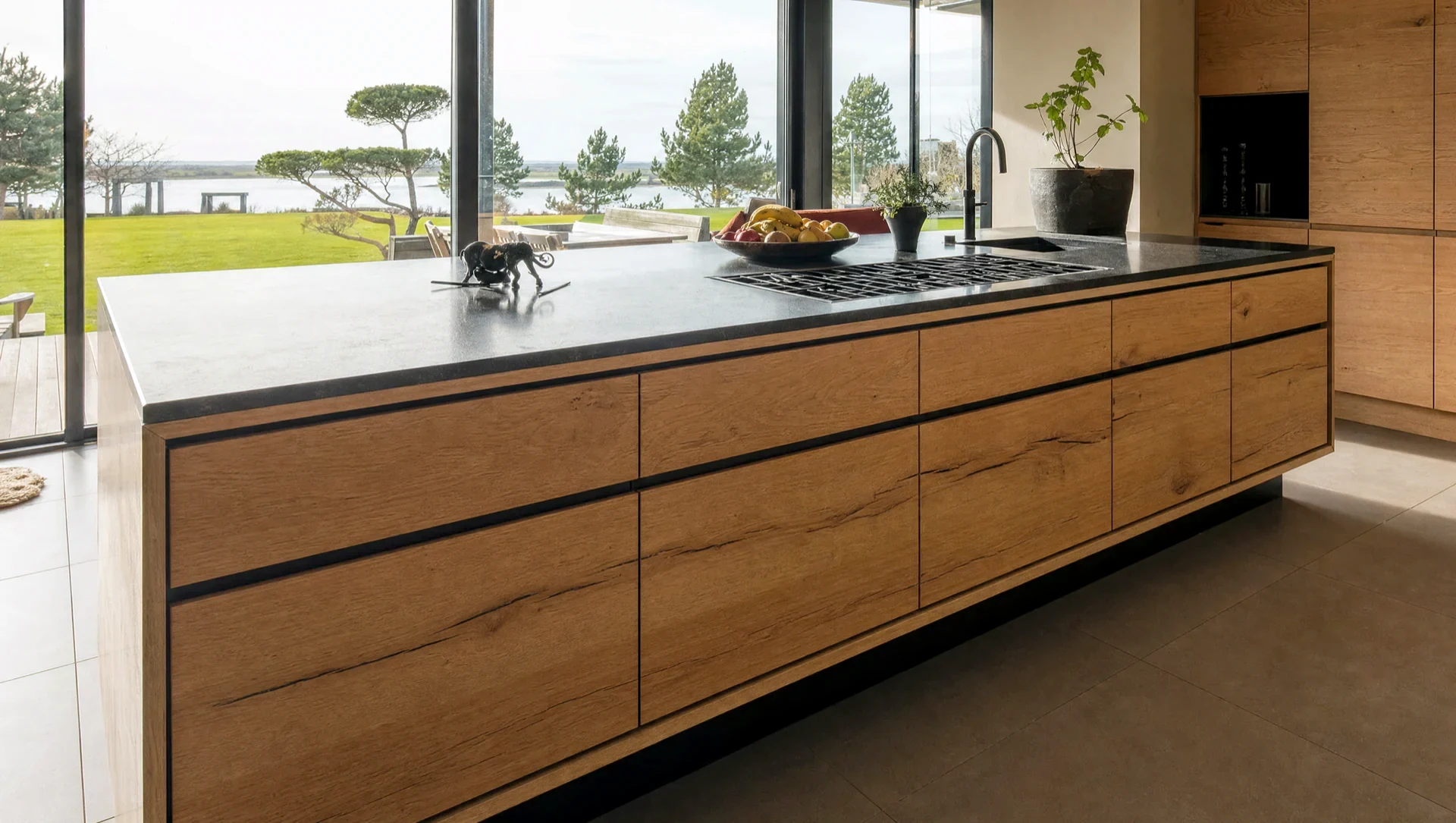The sink run in matt black with a stone top, The Scandi range by Square & True