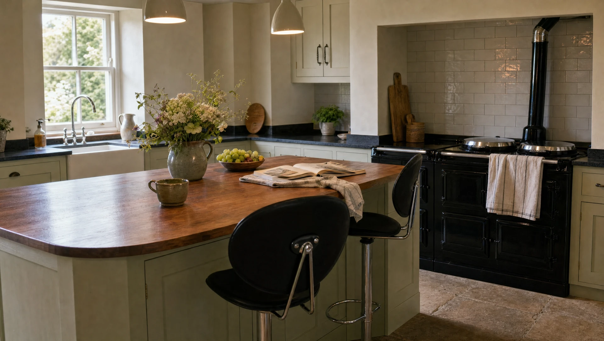 A walnut-topped breakfast bar to the island end, The Suffolk hand-painted kitchen by Square & True