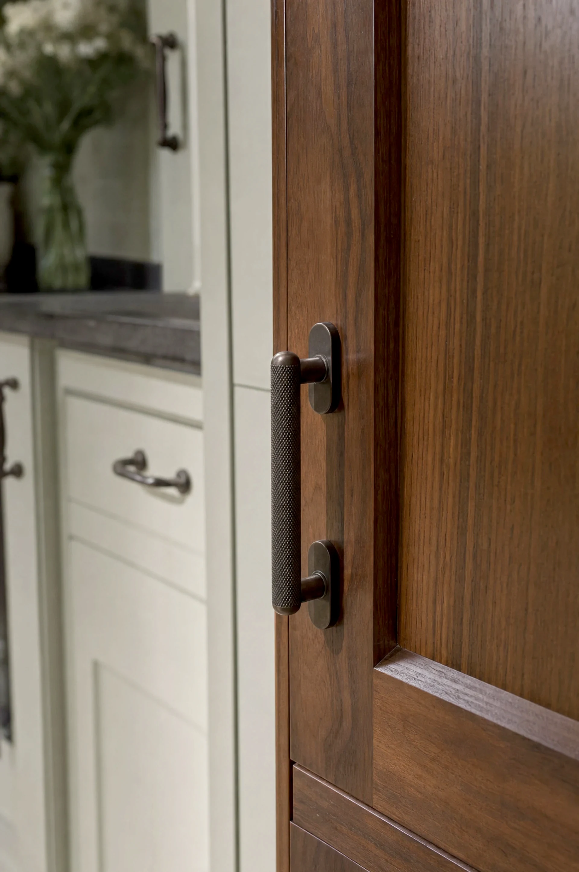 Detail of a hand-painted in-frame door and cup handle from The Suffolk range, Square & True