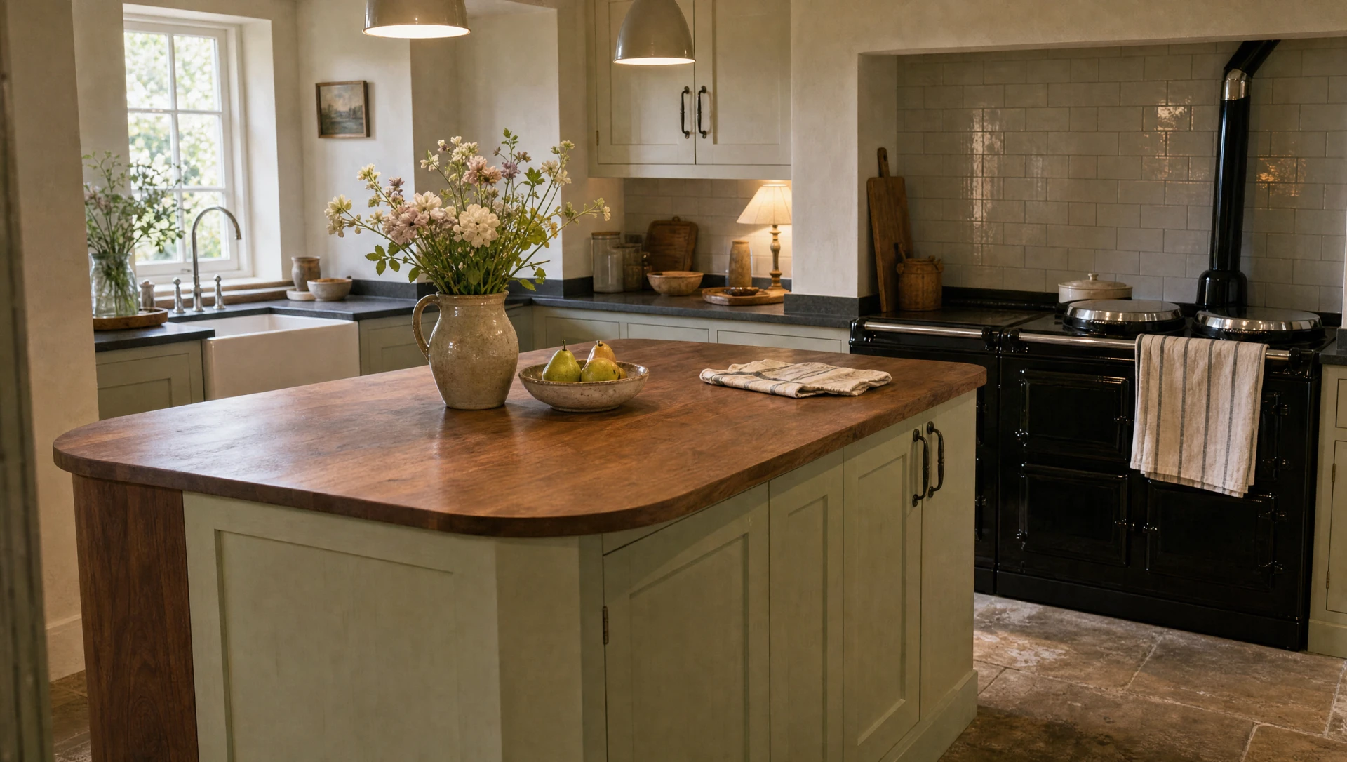 The curved walnut end to a run of hand-painted cabinets, The Suffolk range by Square & True