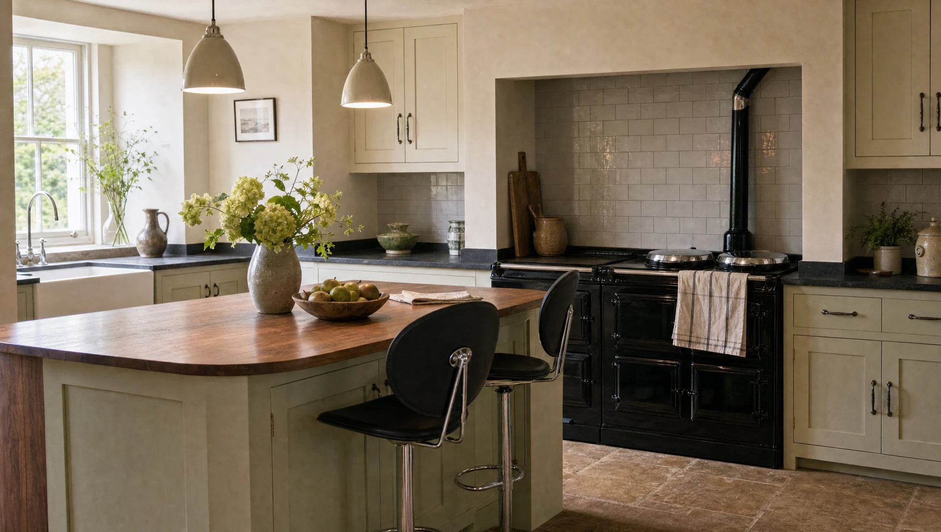 Painted base units with tall cupboards in figured walnut, The Suffolk range by Square & True
