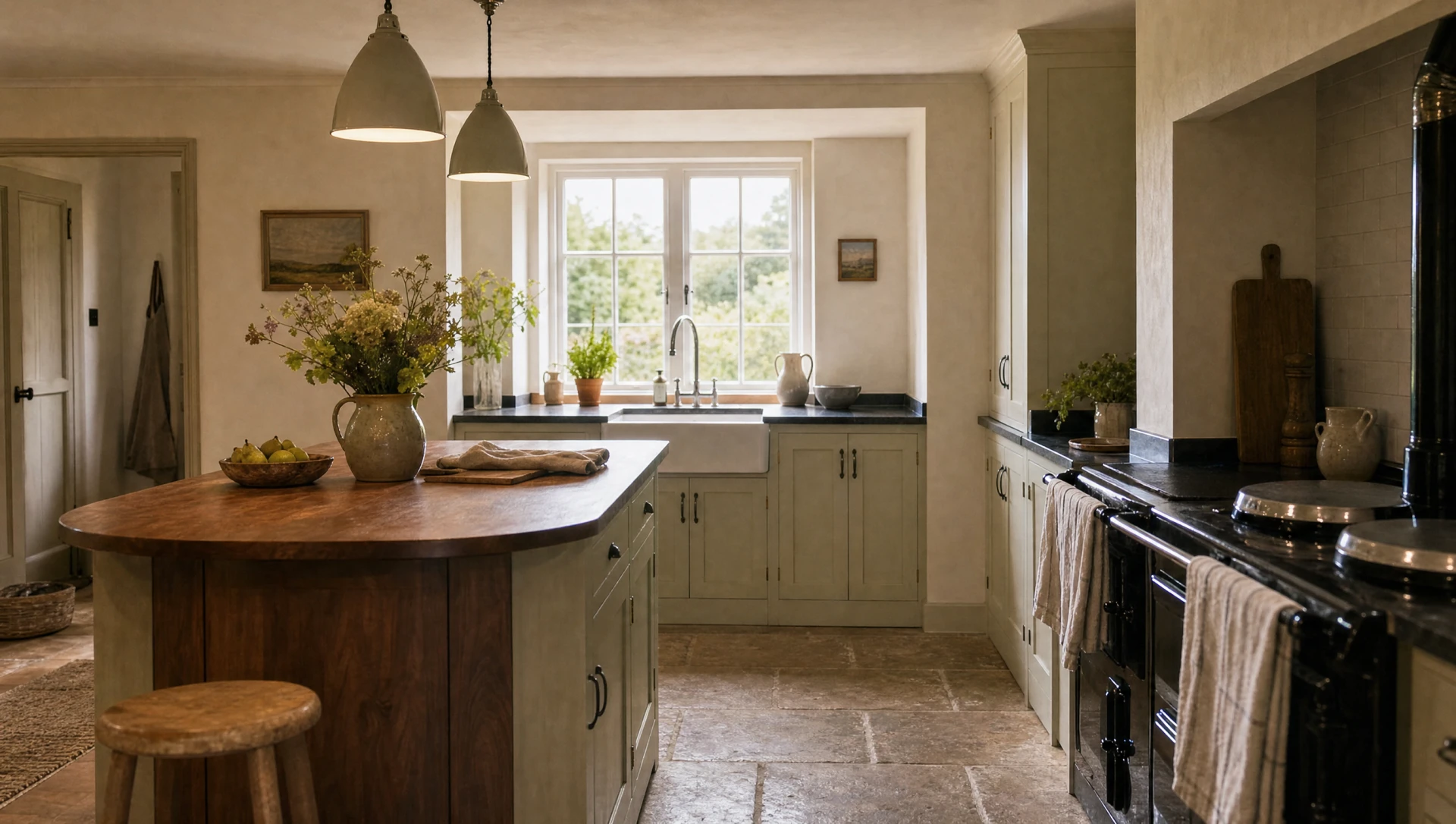 The Suffolk seen from the garden door, hand-painted in-frame cabinetry with a stone worktop, Square & True