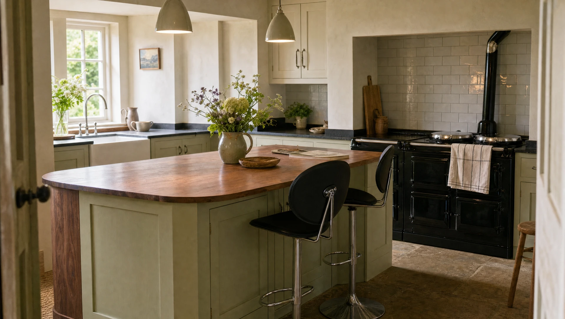 The Suffolk — sage-green in-frame cabinetry with a walnut island top and black stone worktops, and a range set in a tiled chimney recess
