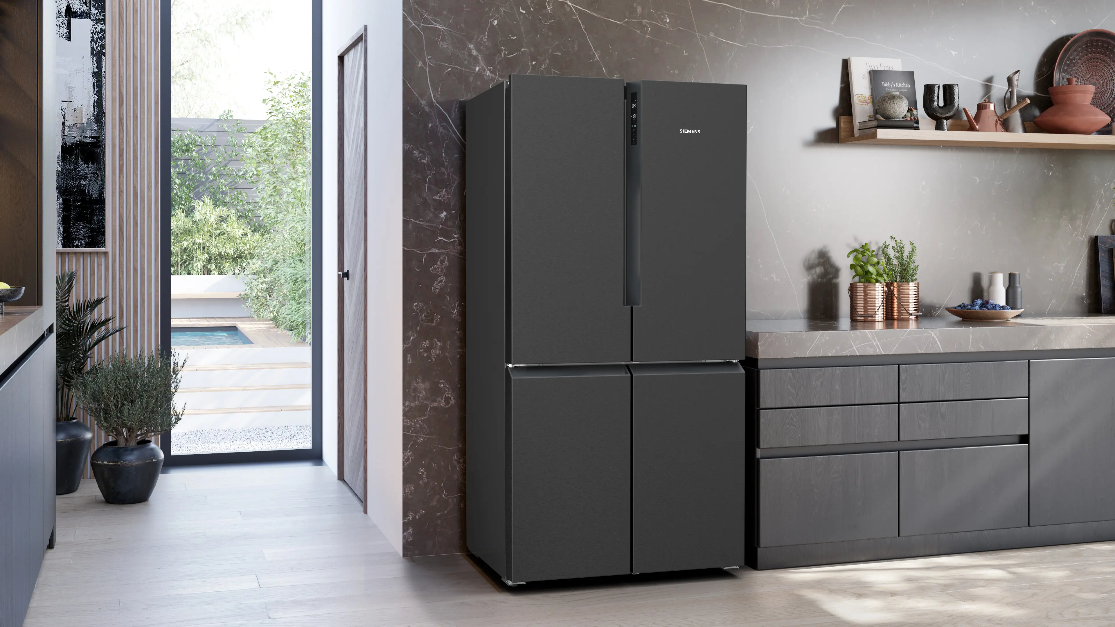 Siemens iQ300 Freestanding French Door Fridge Freezer — Brushed Black Steel