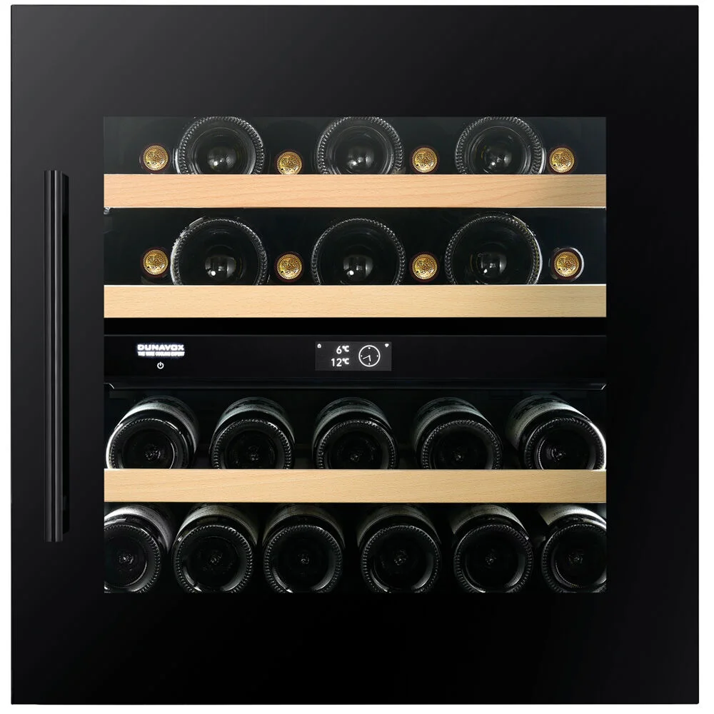 Dunavox Prime-25 25-Bottle Dual-Zone Wine Cooler, Black Glass DVP-25.65DB