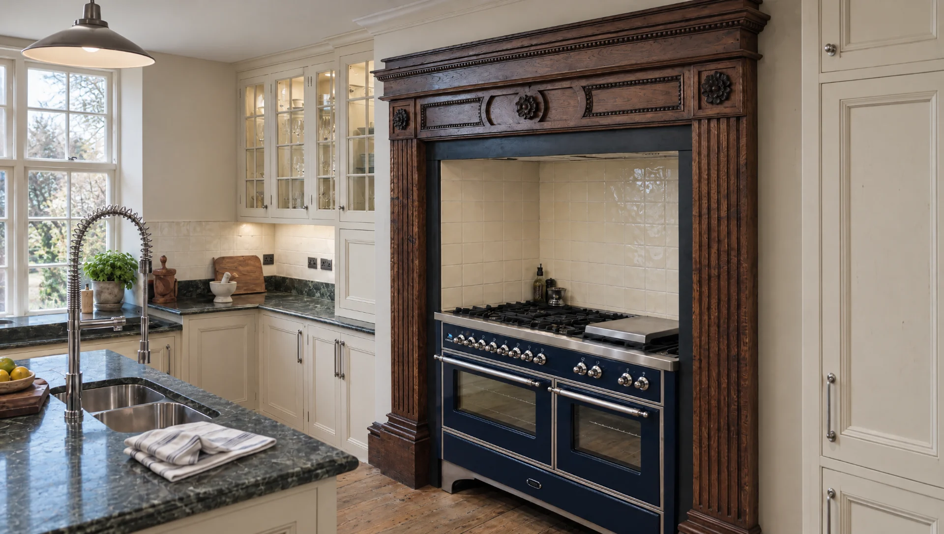 A moulded in-frame country house kitchen with a carved chimneypiece, Square & True