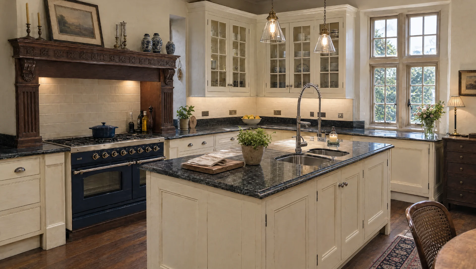 A moulded in-frame kitchen fitted into a period house, seen under evening light, Square & True