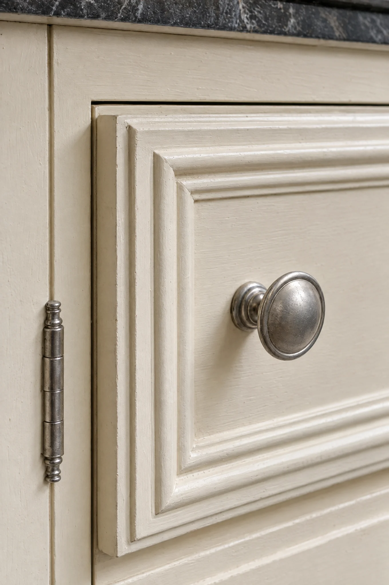 Aged brass cup handles on a moulded in-frame drawer front, The Essex range by Square & True