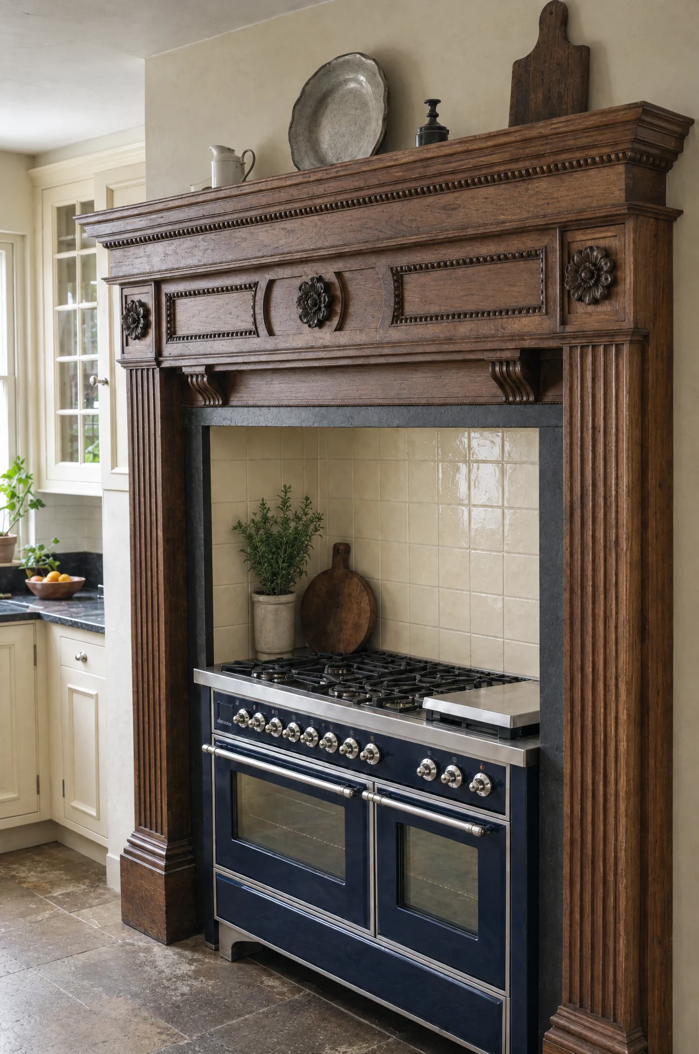 A hand-carved chimneypiece and overmantel around the range, The Essex range by Square & True