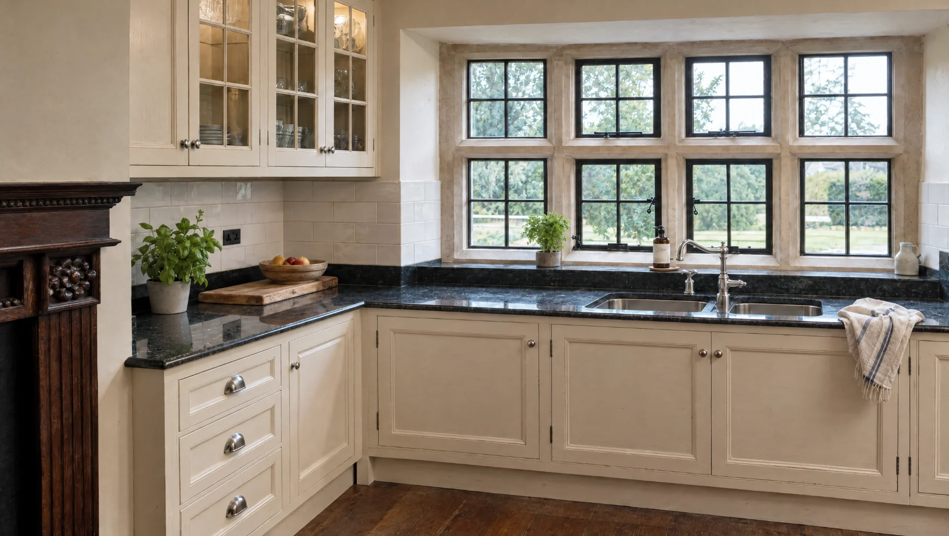 The sink run in a moulded in-frame painted kitchen.