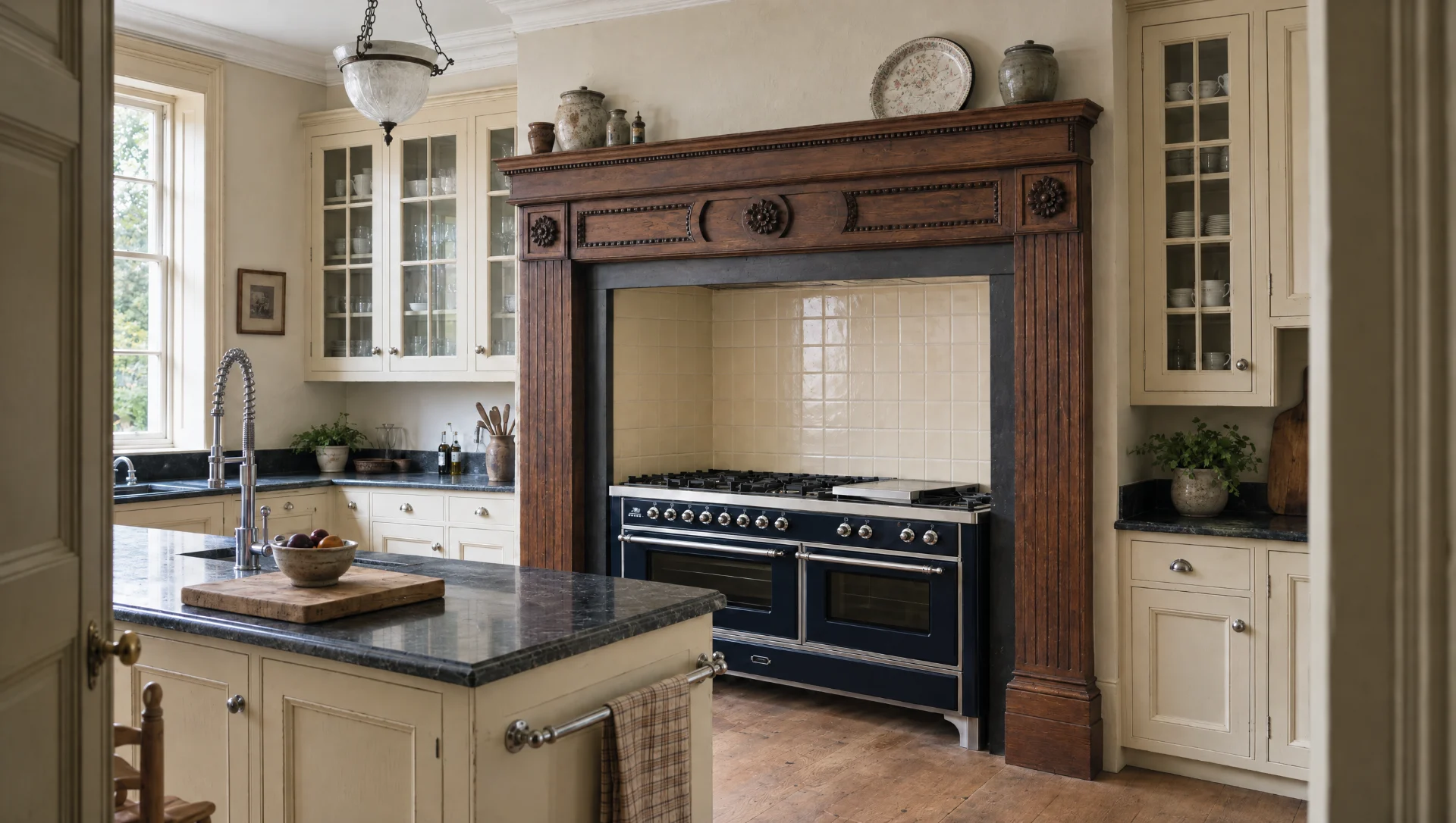 The Essex — bone-painted in-frame cabinetry and dark polished granite, with a carved mahogany chimneypiece framing the range