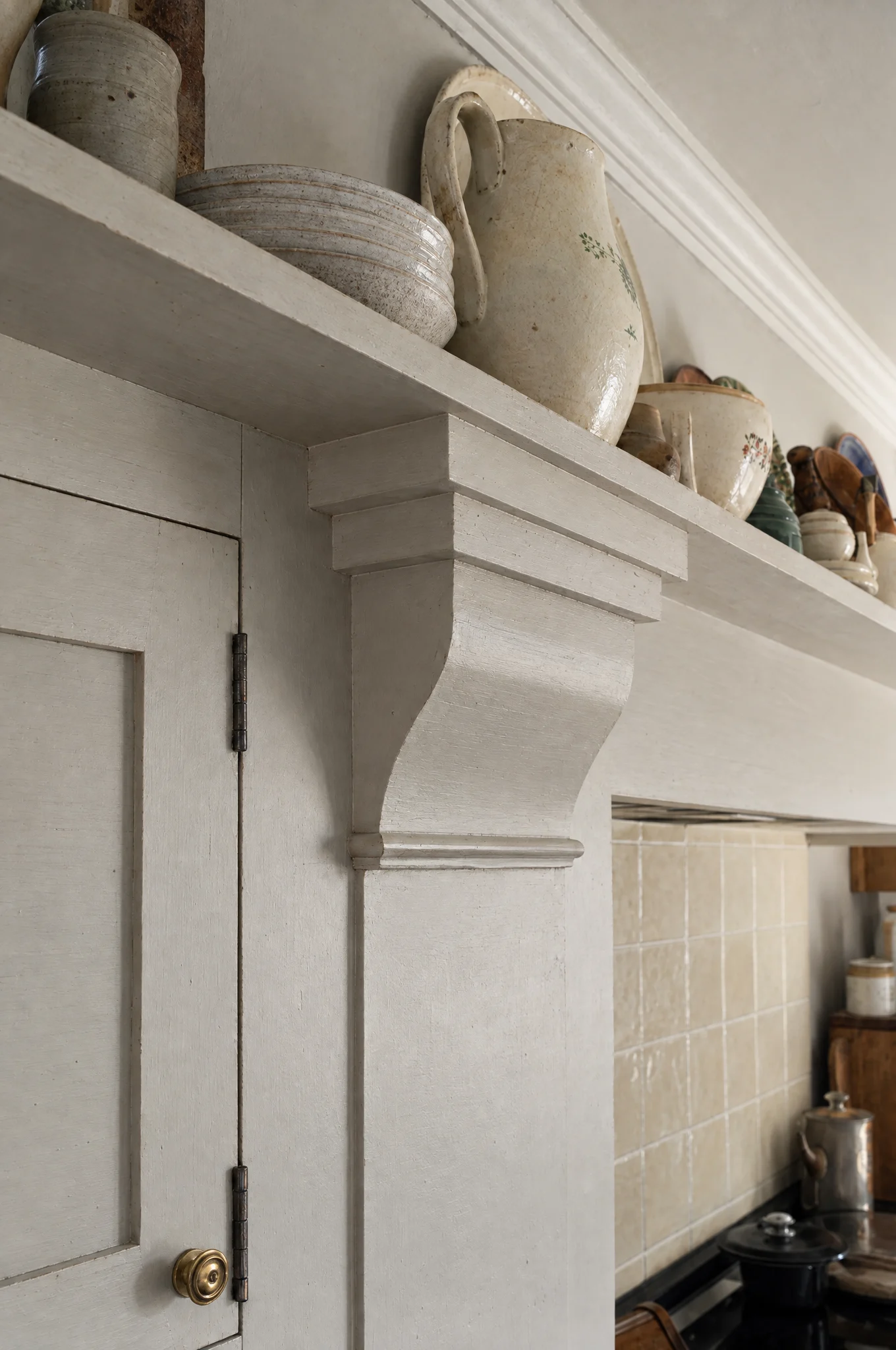 The range set in a painted mantel with a plate shelf over, The Farmhouse range by Square & True