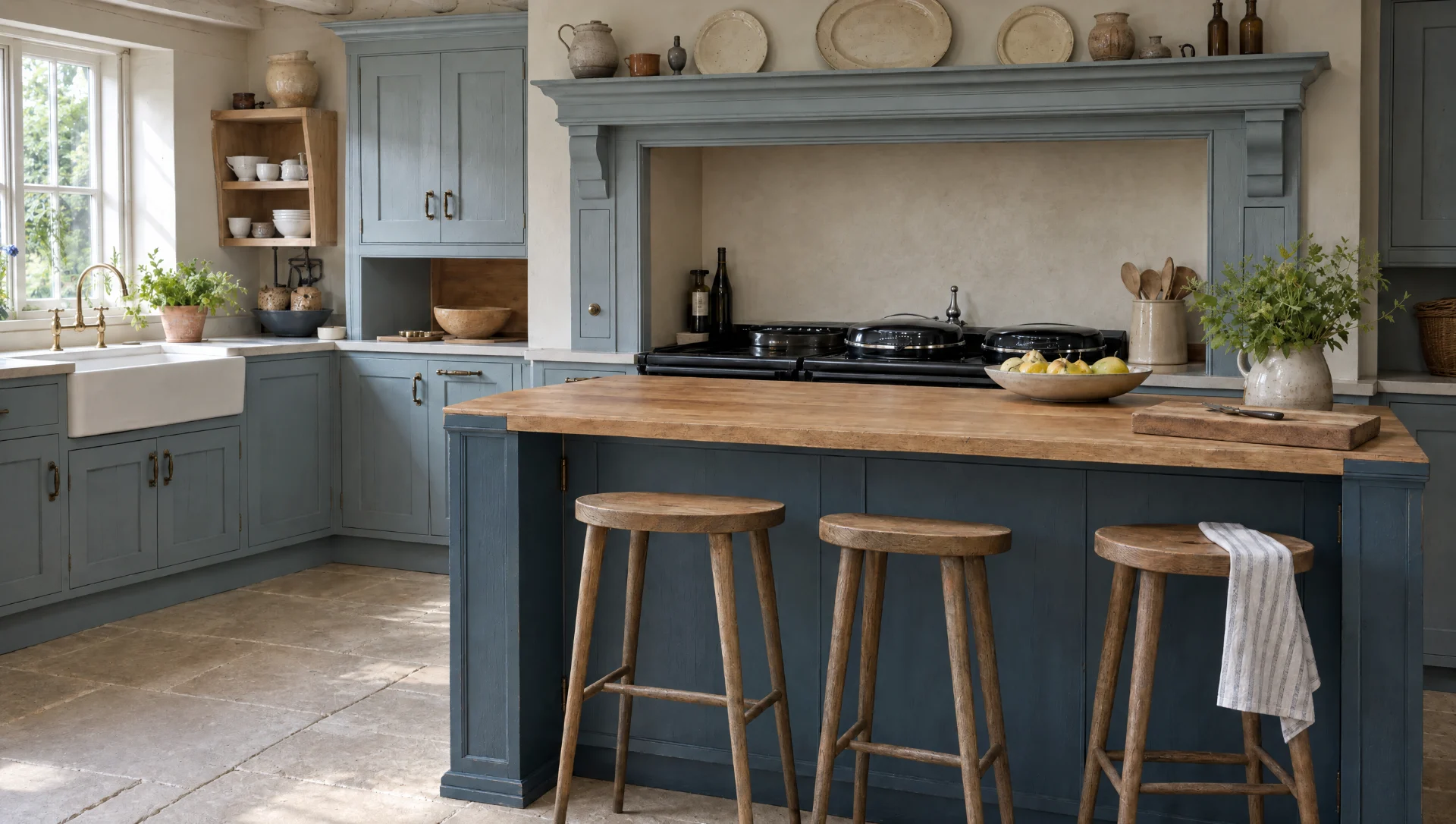 A breakfast bar on the end of a painted in-frame island.